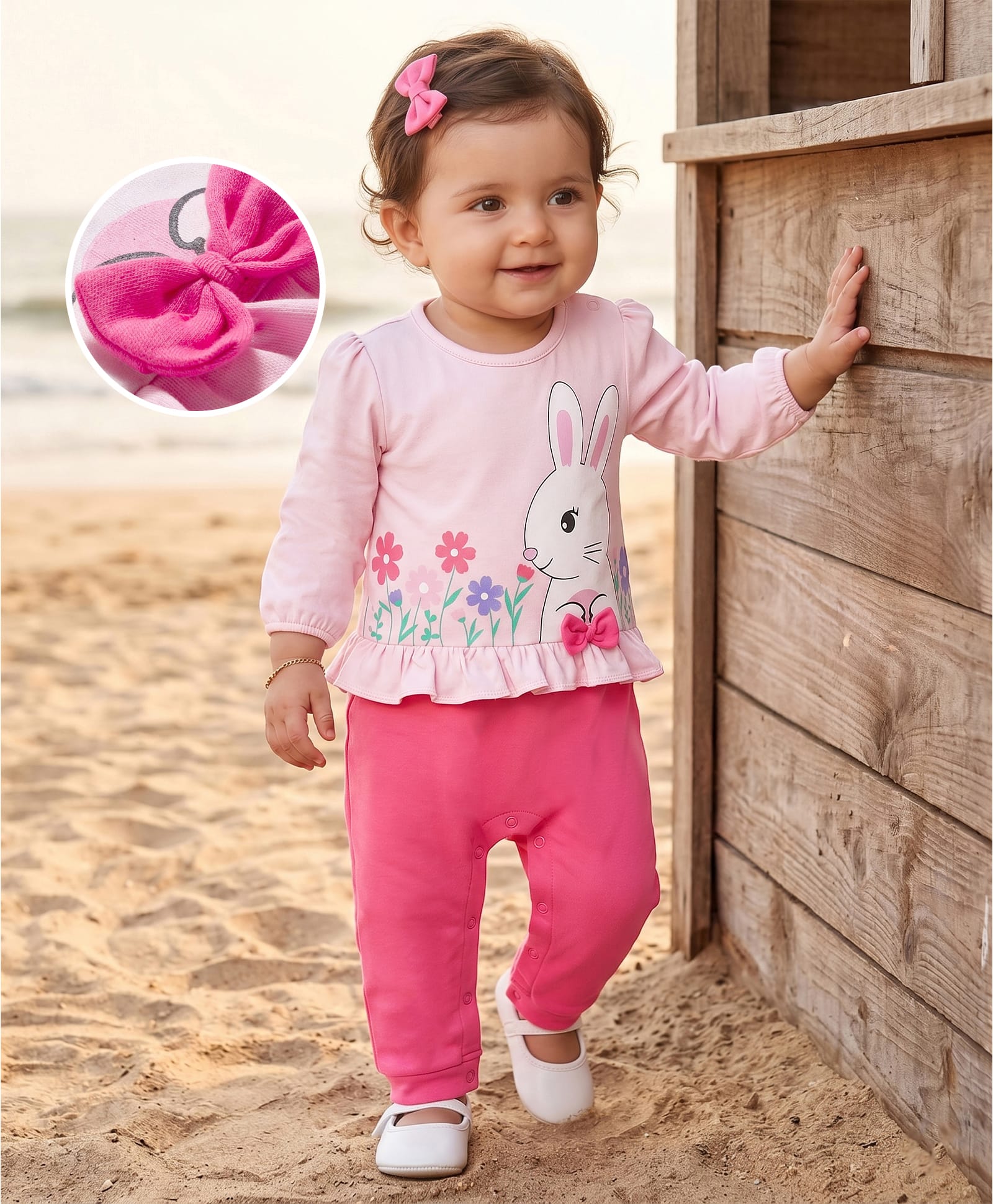 Babyhug 100% Cotton Knit Full Sleeves Romper With Bunny & Floral Print - Pink-image-19