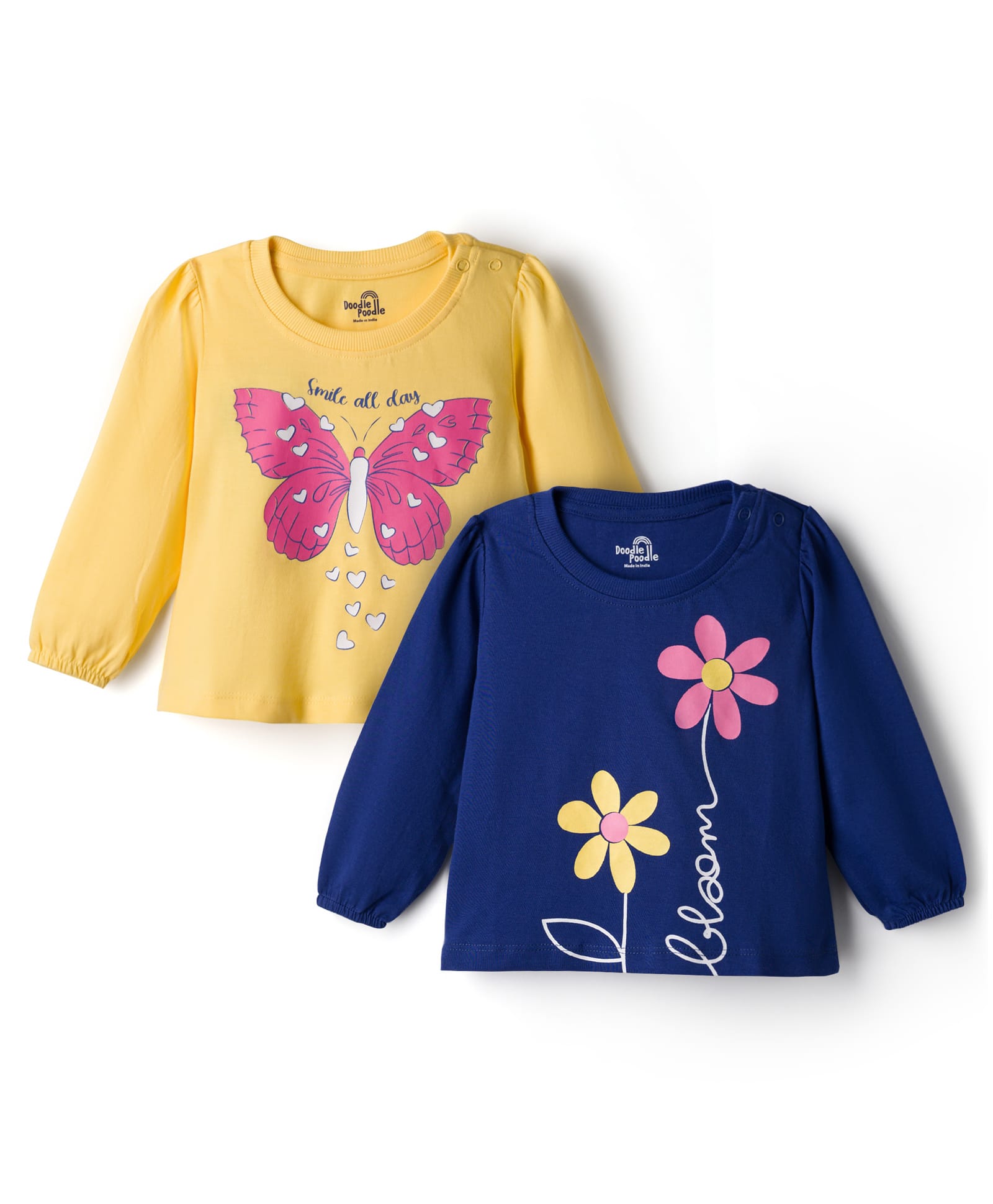 Doodle Poodle 100% Cotton Knit Full Sleeves T-Shirts With Floral & Butterfly Print Pack of 2 - Yellow & Navy Blue-picture-13