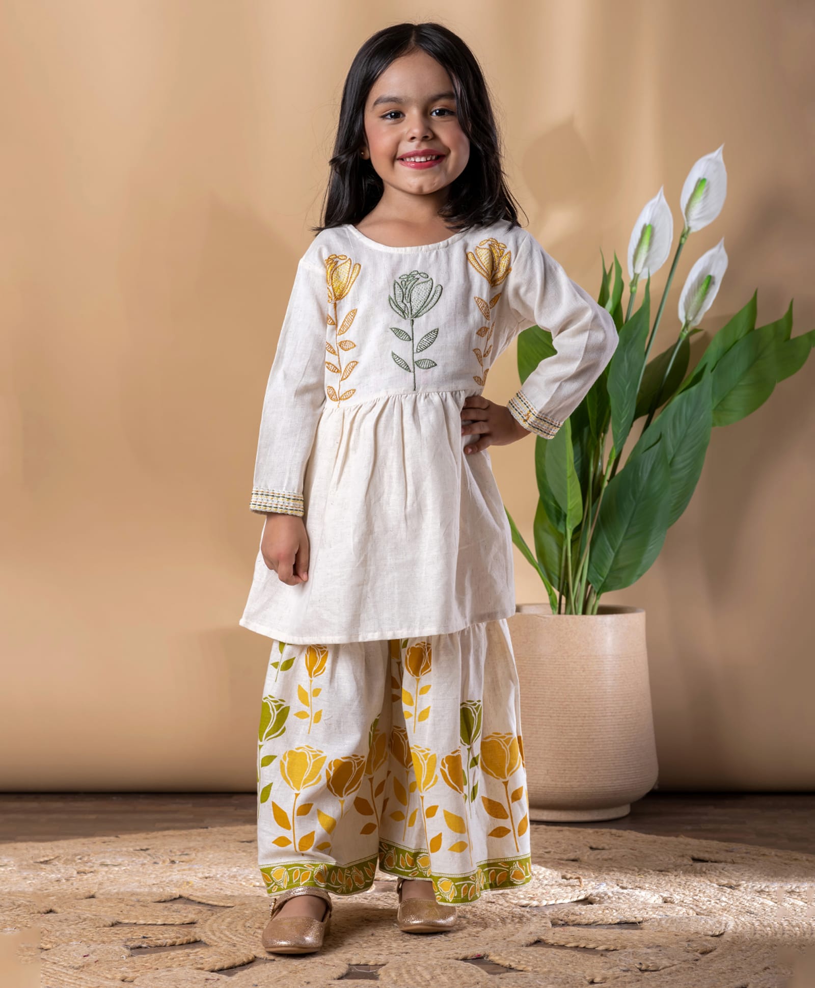 READIPRINT Cotton Blend Woven Full Sleeves Floral Embroidered Peplum Style Kurti & Sharara Set - White-picture-42
