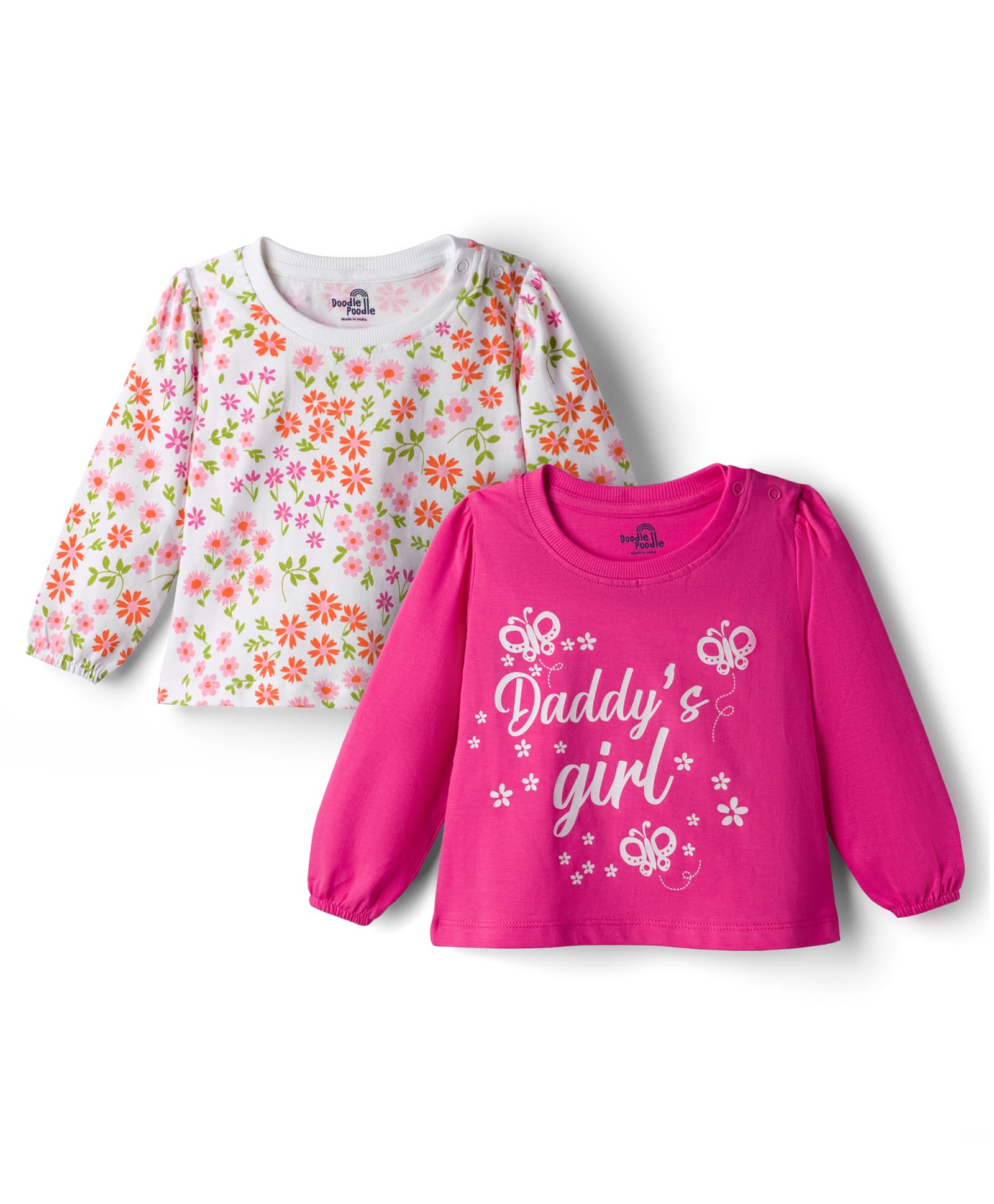 Doodle Poodle 100% Cotton Knit Full Sleeves T-Shirts with Floral & Text Print Pack of 2 - White & Pink-picture-48