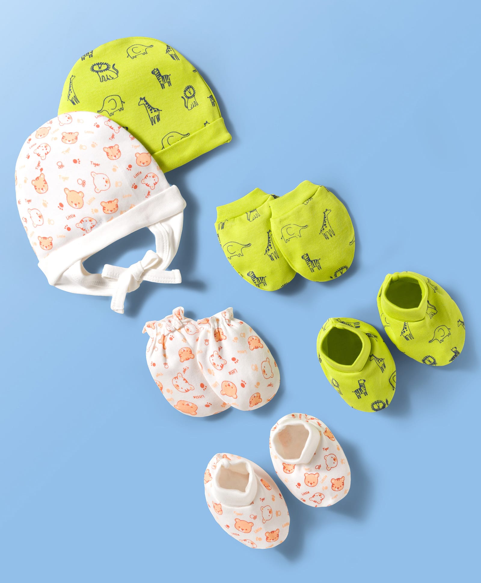 Doodle Poodle Interlock Cotton Knit Cap Mittens & Booties with Animal Print Pack of 2 Limegreen & White - Diameter 9.5 cm-image-43