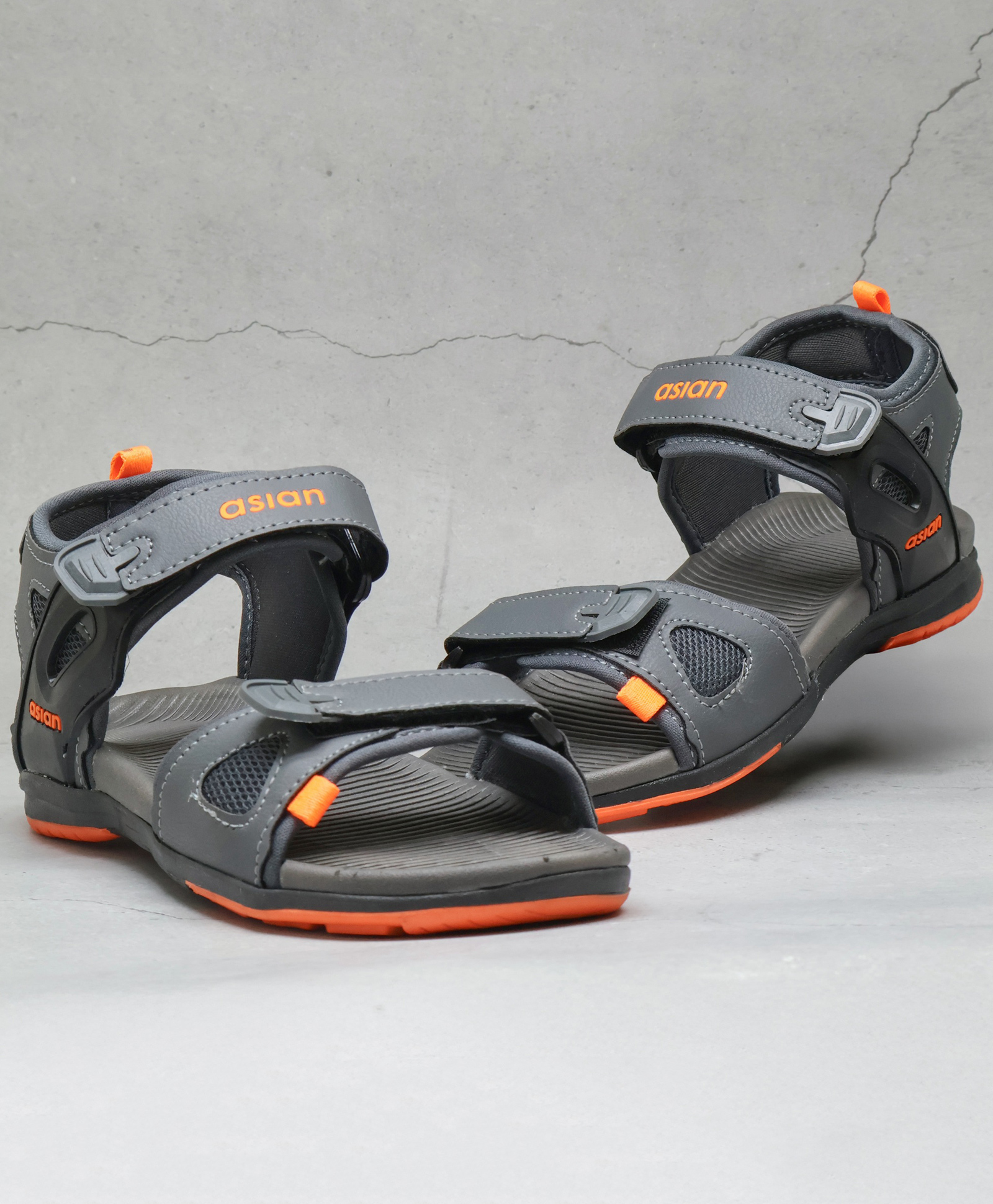 asian Solid With Double Velcro Closure Sandals - Dark Grey & Orange-picture-38