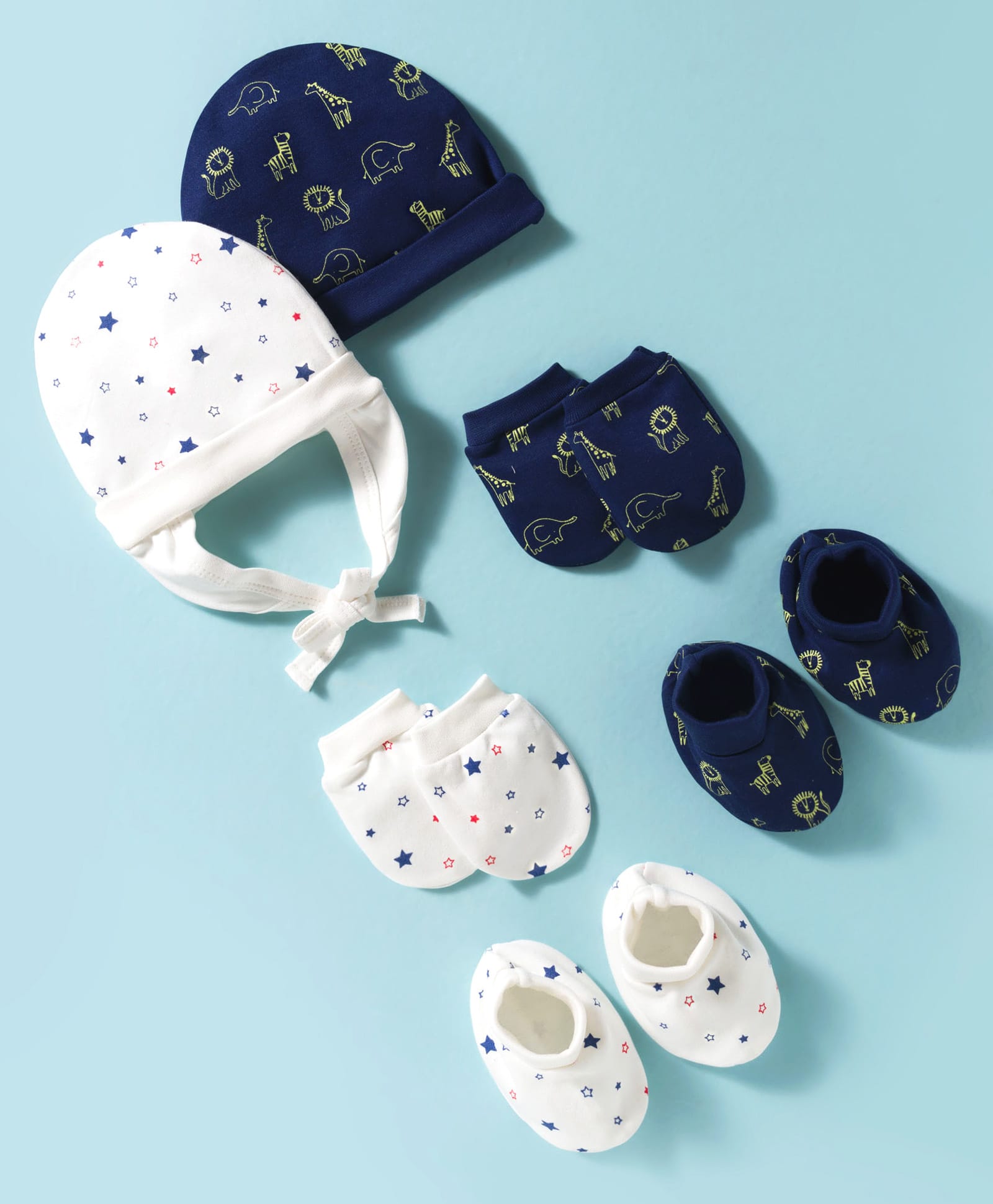 Doodle Poodle Interlock Cotton Knit Cap Mittens & Booties with Animal & Star Print Pack of 2 Navy Blue & White - Diameter 10.5 cm-picture-20