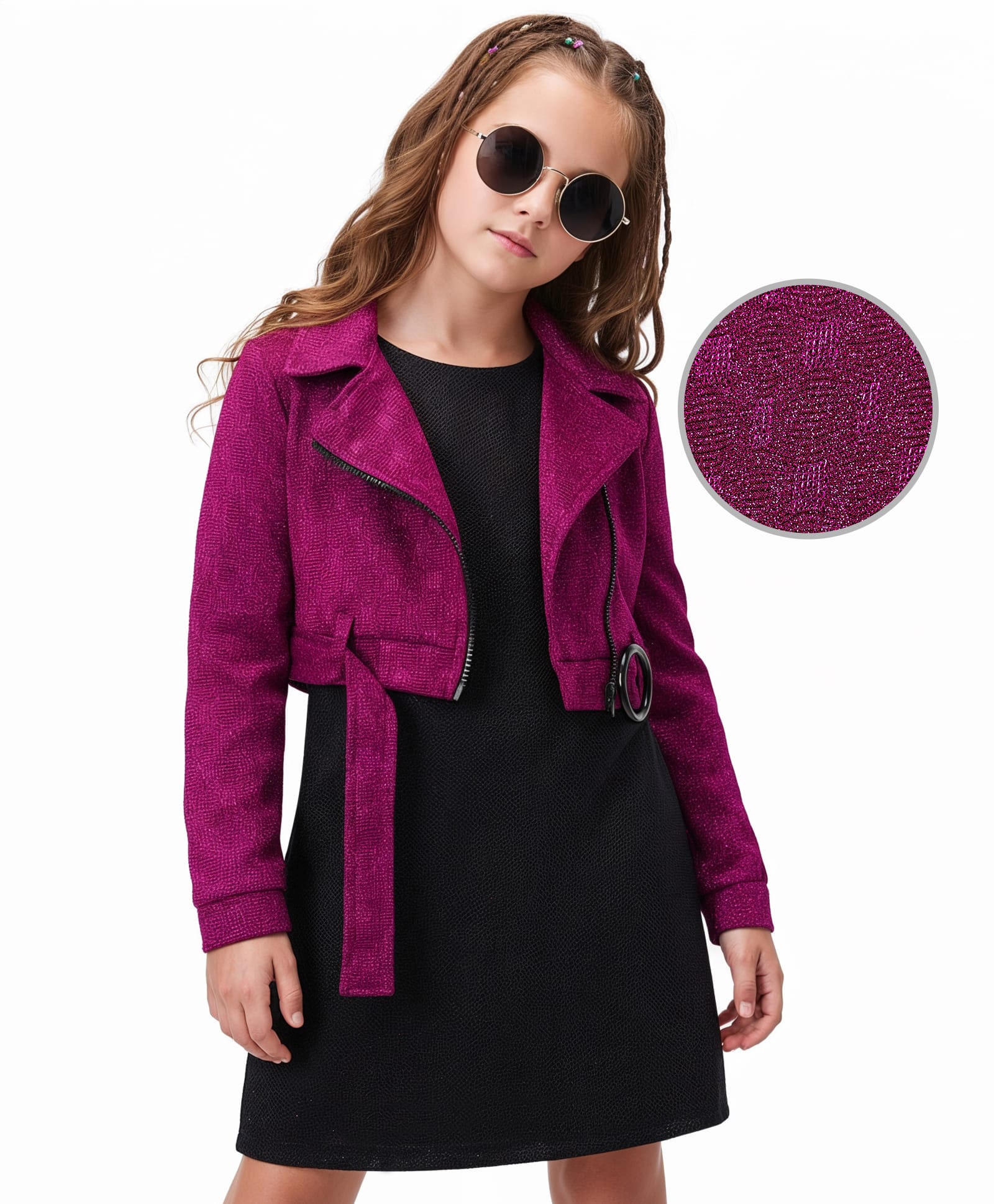 Hola Bonita Knit Solid Shimmer Party Dress & Full Sleeves Jacket - Dark Pink & Black-image-20