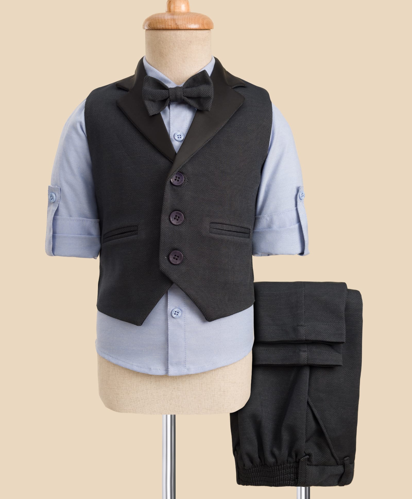 Robo Fry Cotton Woven Full Sleeves Solid 3 Piece Party Suit With Bow - Charcoal Grey-picture-22