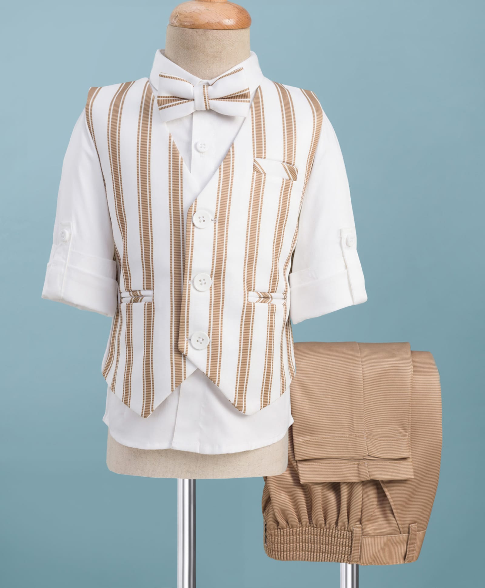 Robo Fry Cotton Woven Full Sleeves Three Piece Party Suit with Stripes & Bow - White & Dark Yellow-picture-38