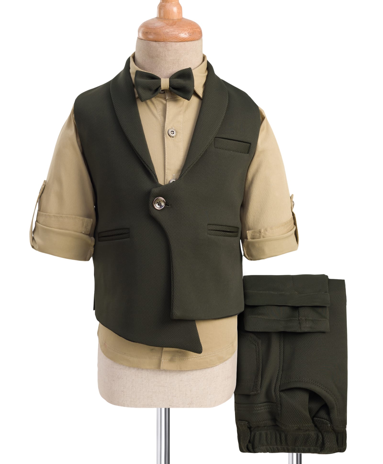 Robo Fry Cotton Woven Full Sleeves Solid 3 Piece Party Suit With Bow - Olive Green-picture-17