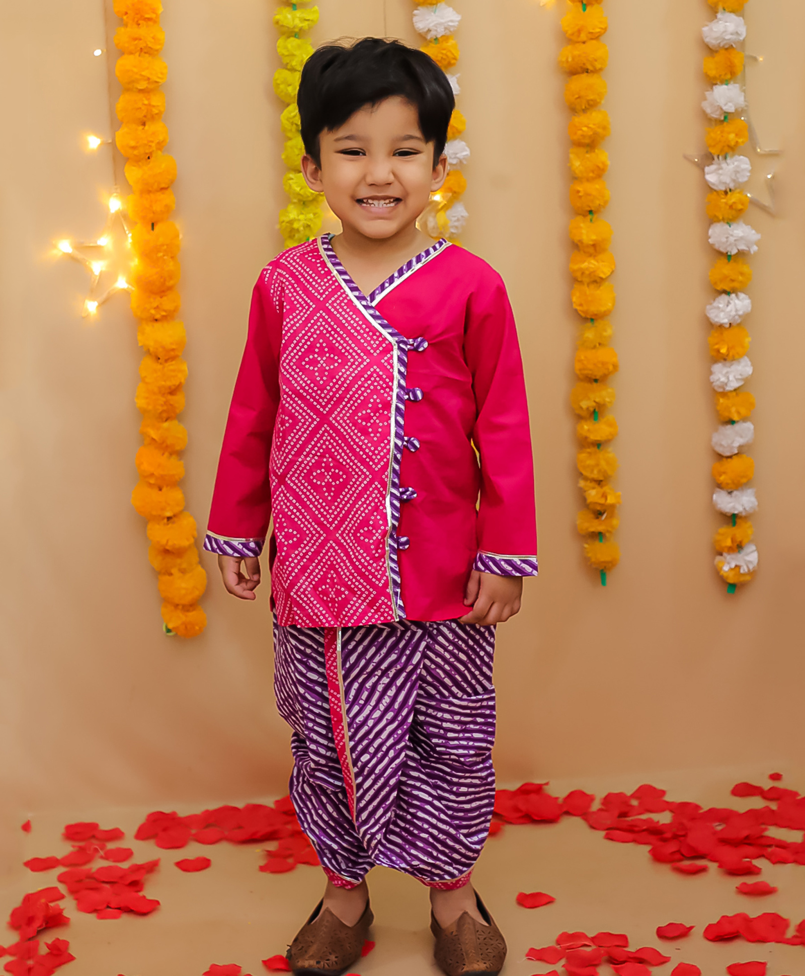 BownBee Pure Cotton Woven Full Sleeves Bandhani Designed Gota Lace Embellished Kurta Dhoti Set - Pink-picture-16