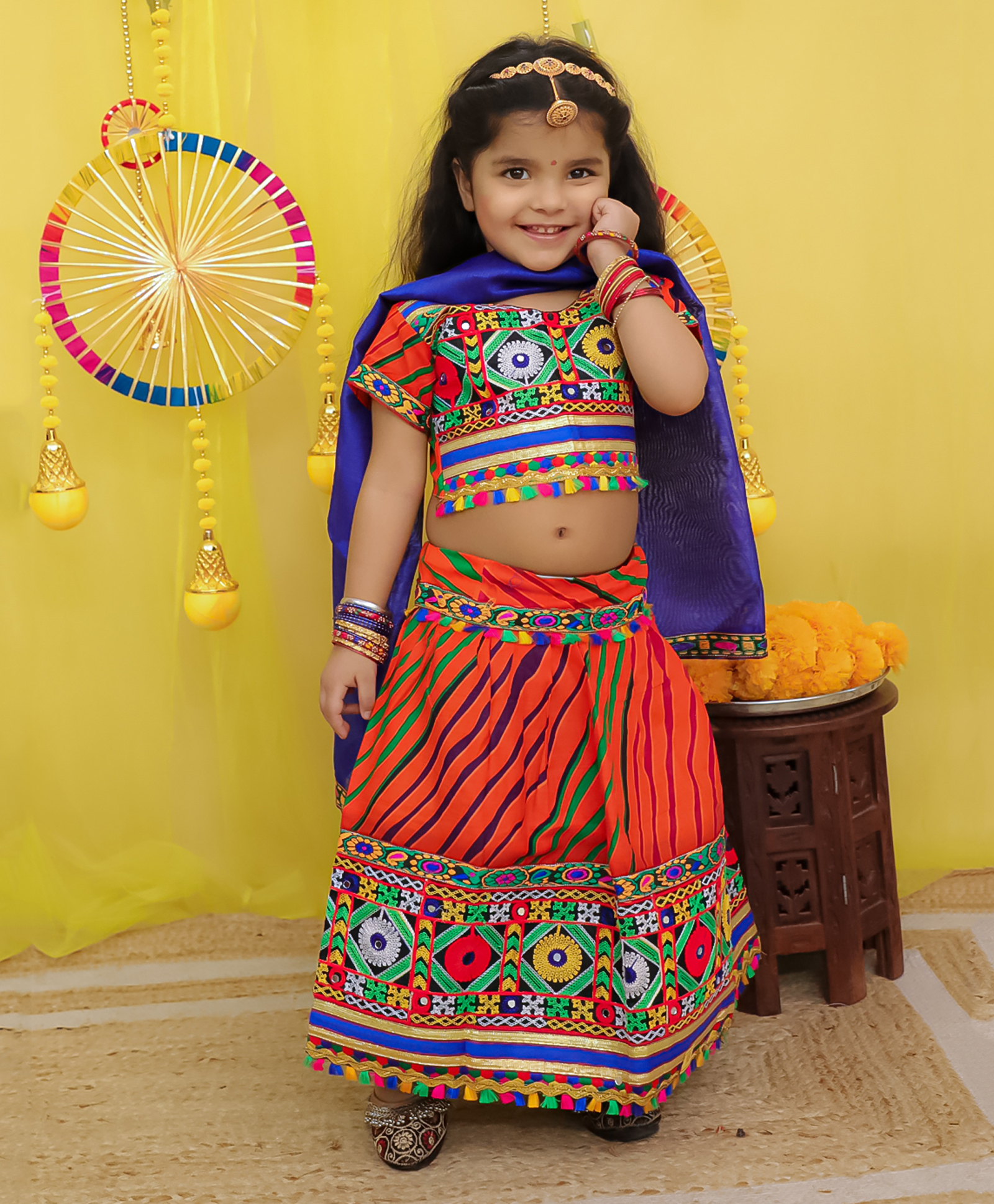 BownBee Pure Cotton Navratri Theme Half Sleeves Kutch Embroidered & Mirror Work Embellished Chaniya Choli With Dupatta Set - Orange