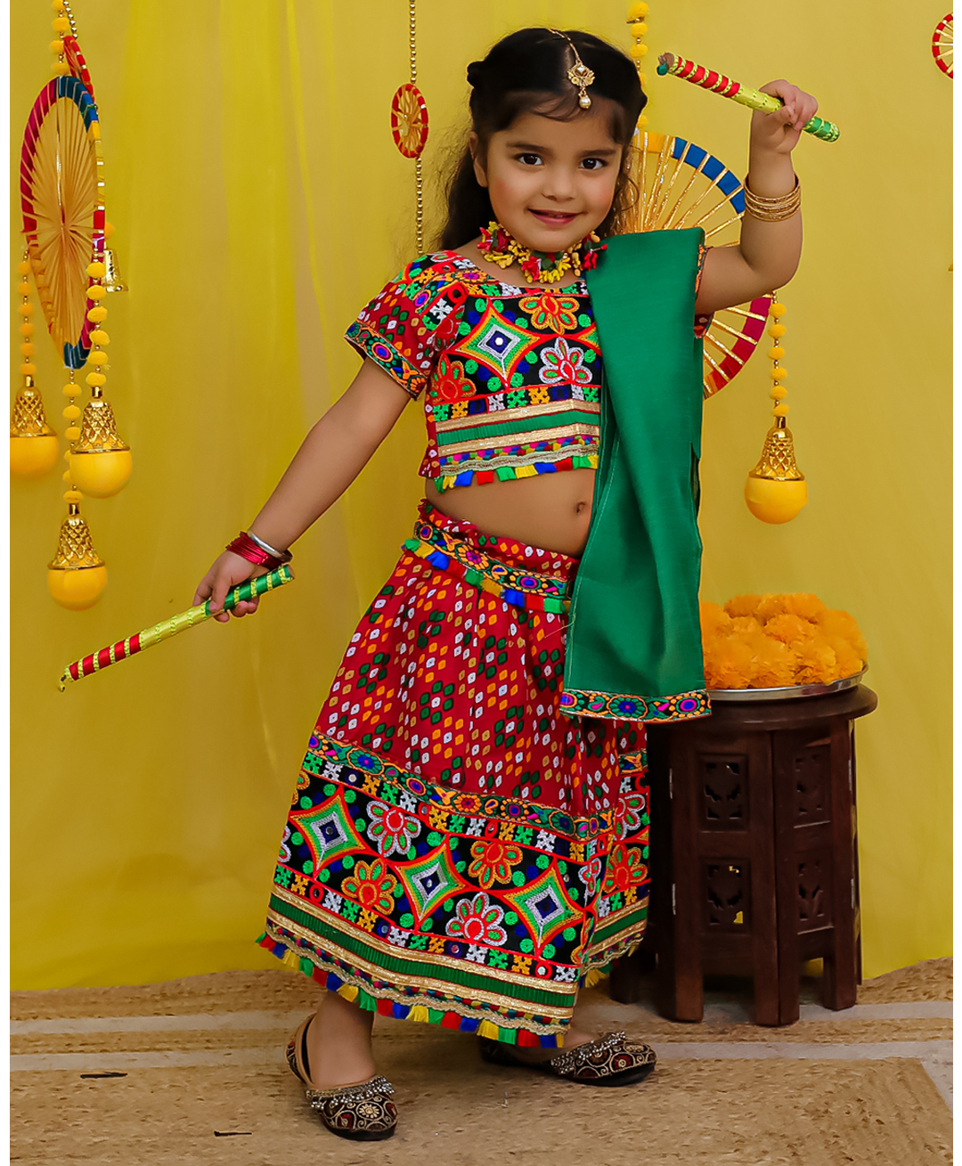 Bownbee Pure Cotton Navratri Theme Half Sleeves Kutchi Printed & Mirror Work Embellished Printed Chaniya Choli With Dupatta Set - Pink