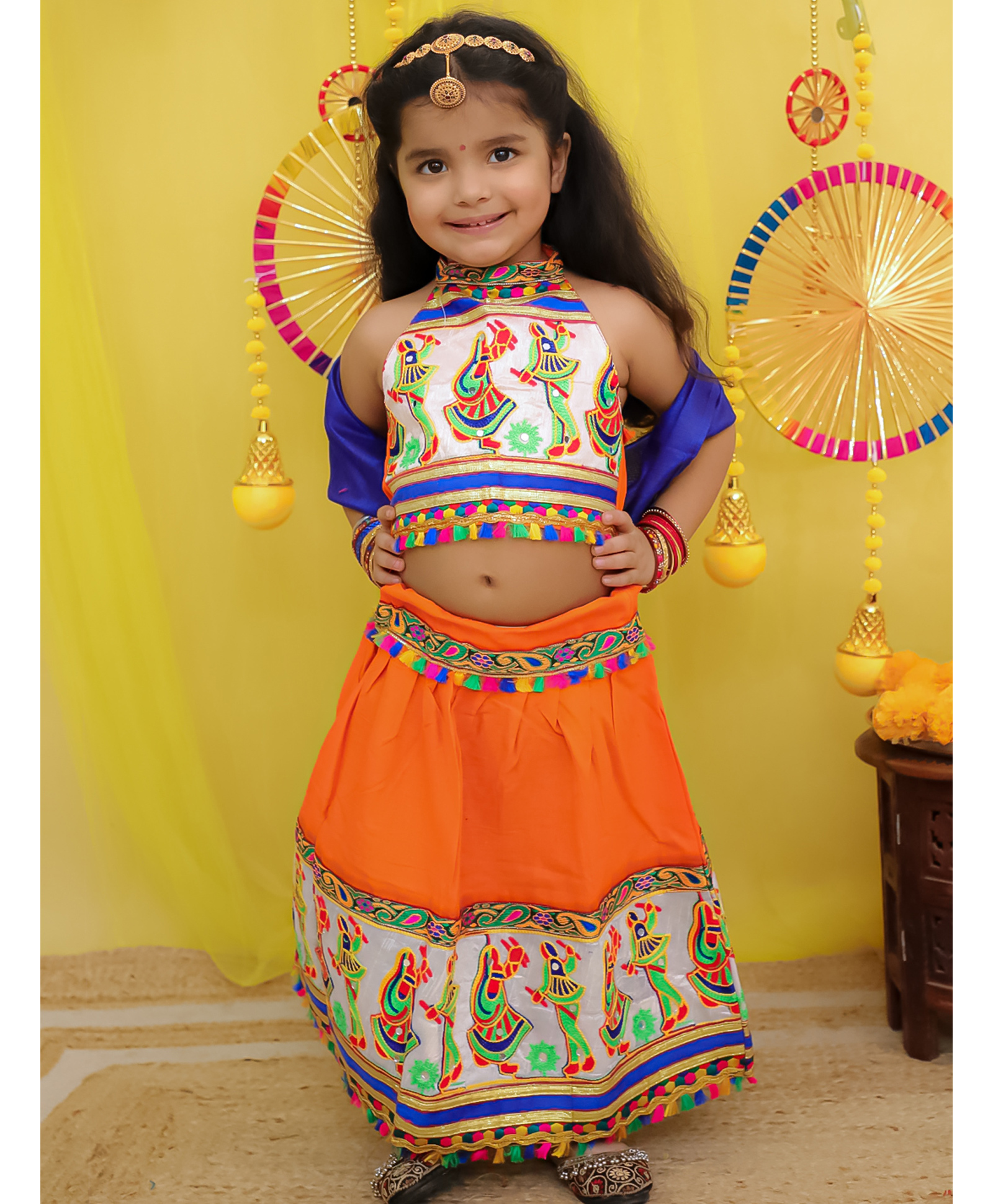 BownBee Pure Cotton Navratri Theme Sleeveless Kutch Embroidered & Mirror Work Embellished Chaniya Choli With Dupatta Set - Orange