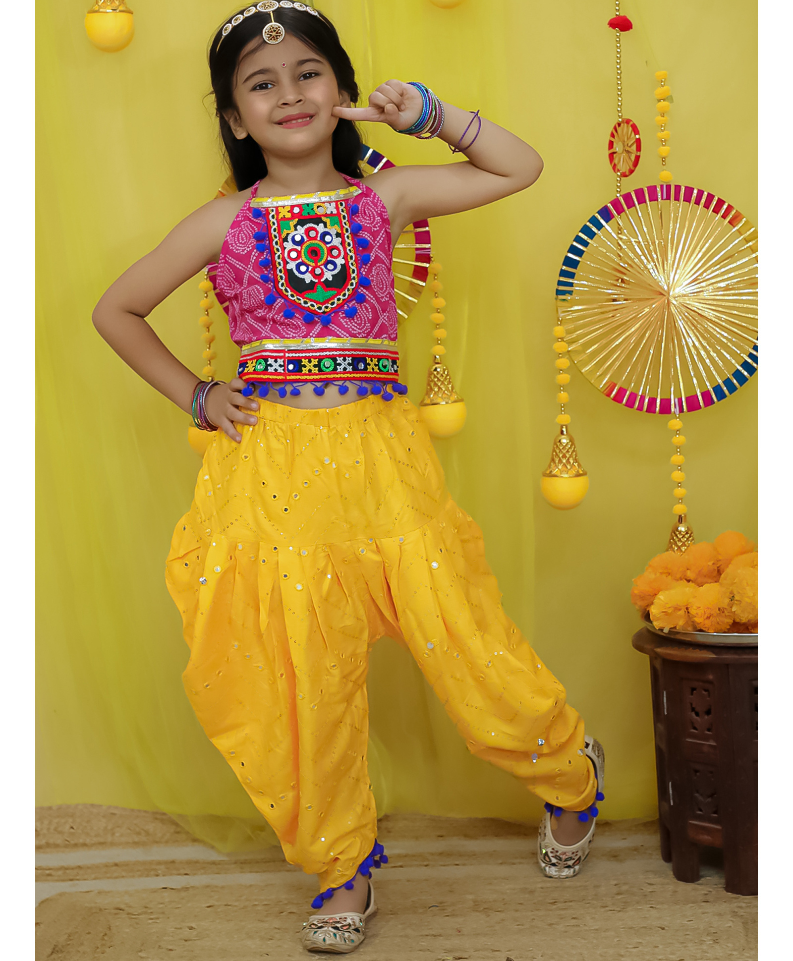 BownBee Pure Cotton Navratri Theme Sleeveless Floral Embroidered & Mirror Work Embellished Top With Kedia Dhoti Set - Yellow