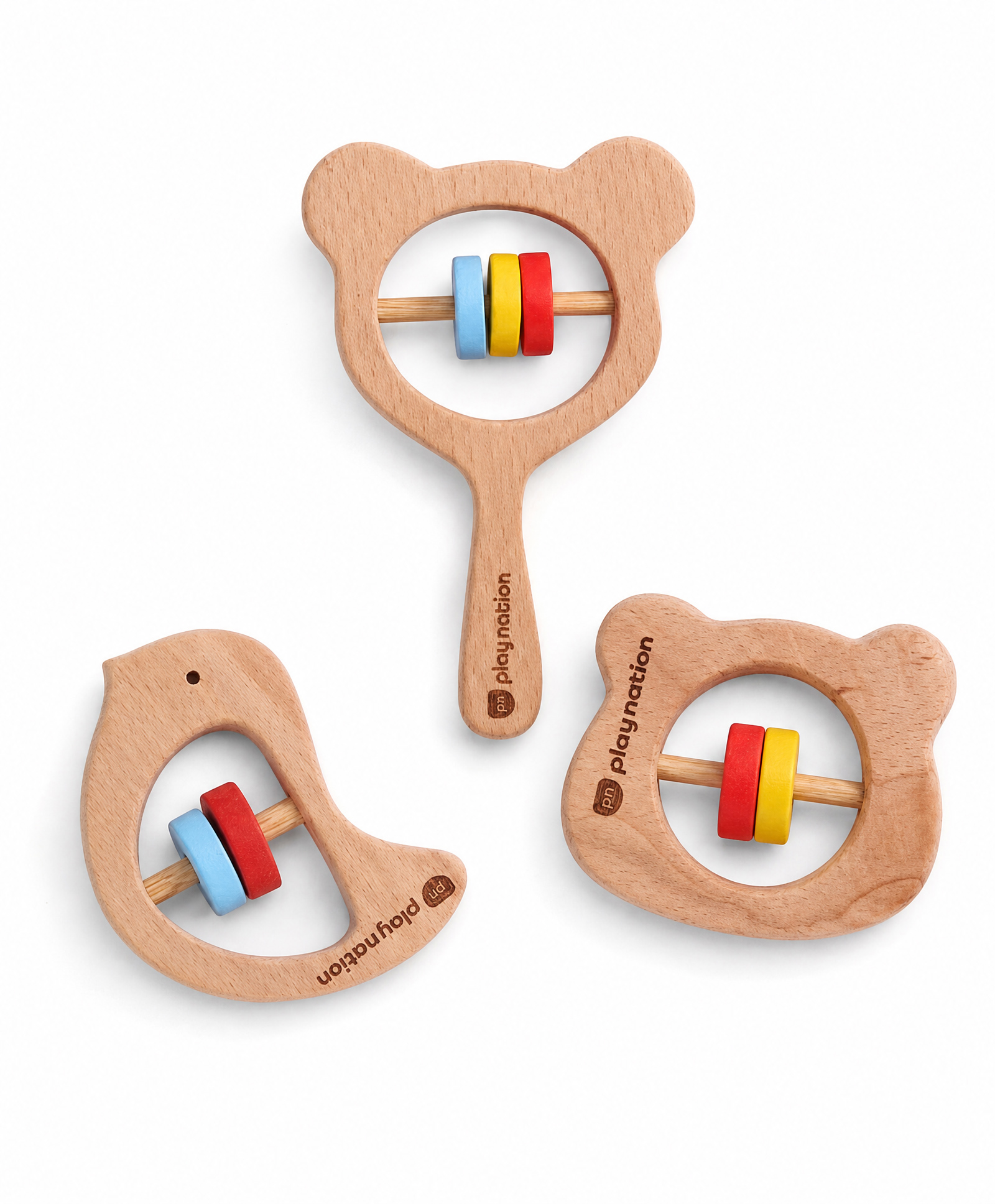 Play Nation Wooden Rattle Toy Set of 3 - Multicolor| Natural Beechwood|Promotes Motor Skills & Sensory Development| Fun & Engaging Toy|Improves Grasping Skill| Ideal Gift for | BIS Certified-picture-14
