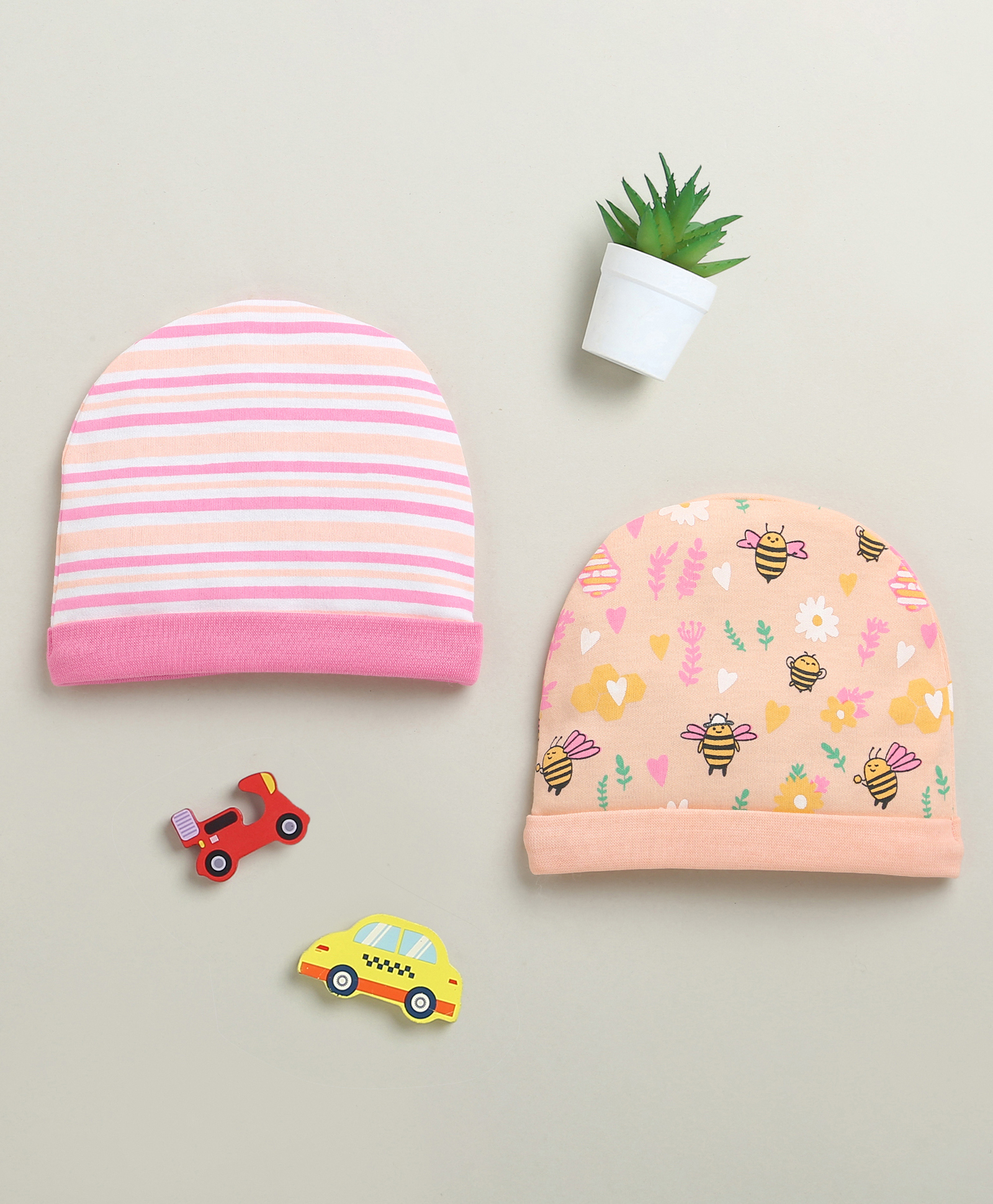 BUMZEE Cotton Knit Pack Of 2 Striped & Bees Printed Caps - Peach & Pink - Circumference 36 cm-picture-31