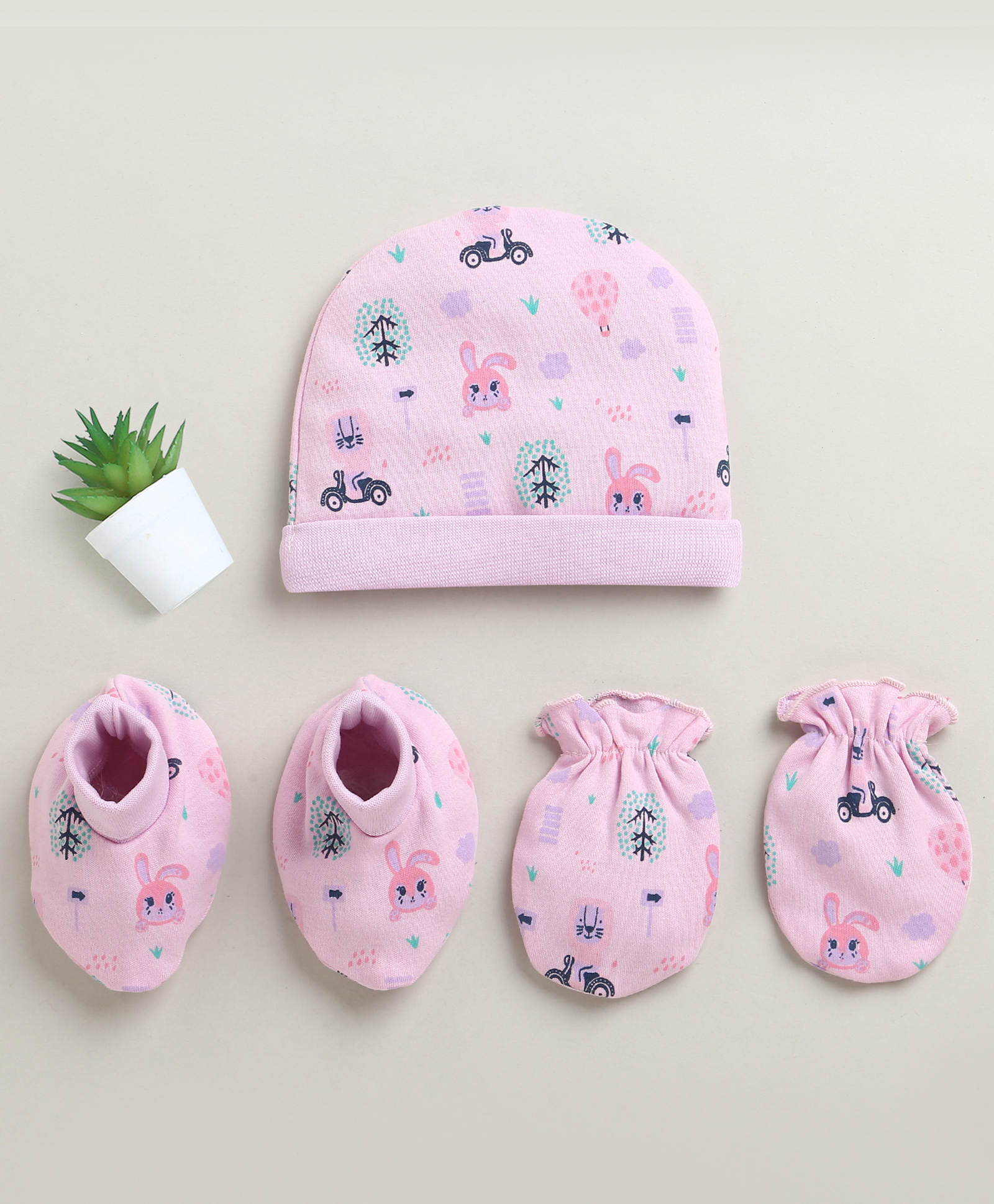 BUMZEE Cotton Knit Animals Printed Cap Mitten Booties Set - Lilac-picture-36