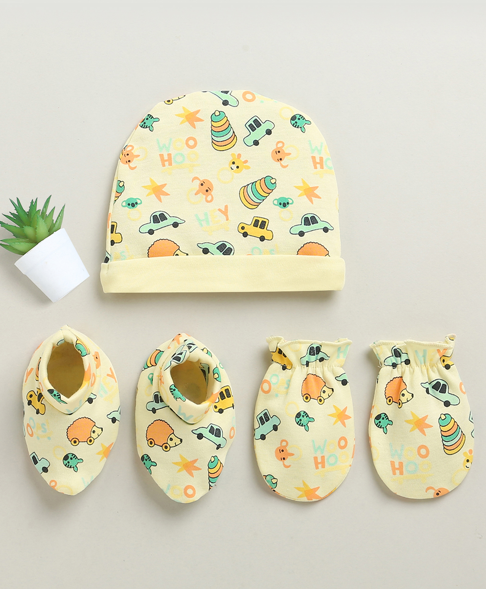 BUMZEE Cotton Knit Cars Printed Cap Mitten Booties Set - Yellow-image-43