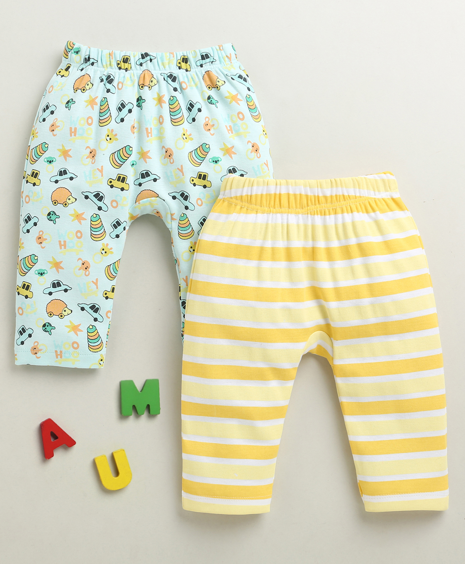 BUMZEE Cotton Knit Pack Of 2 Striped & Animal Printed Diaper Leggings - Sky Blue & Yellow-picture-33