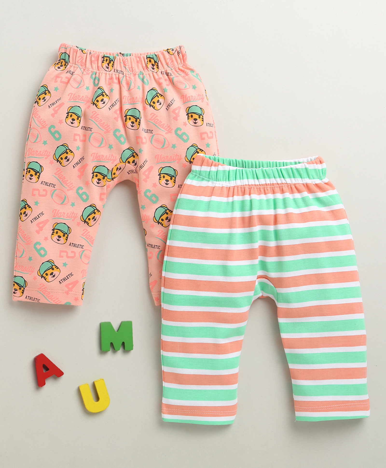 BUMZEE Cotton Knit Pack Of 2 Striped & Tiger Printed Diaper Leggings - Peach & Multi Colour-picture-34