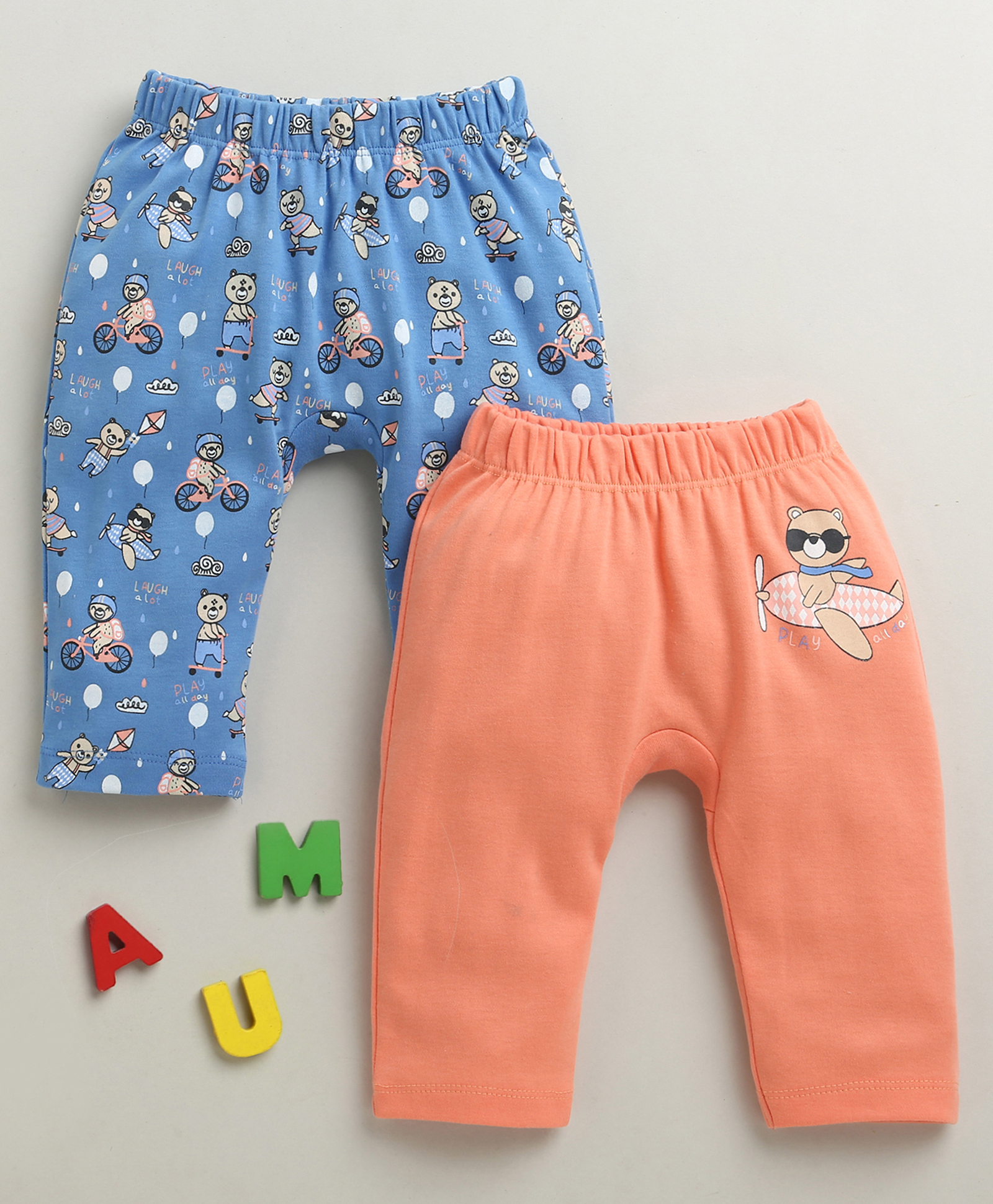 BUMZEE Cotton Knit Pack Of 2 Bear Printed Diaper Leggings - Blue & Peach-image-29