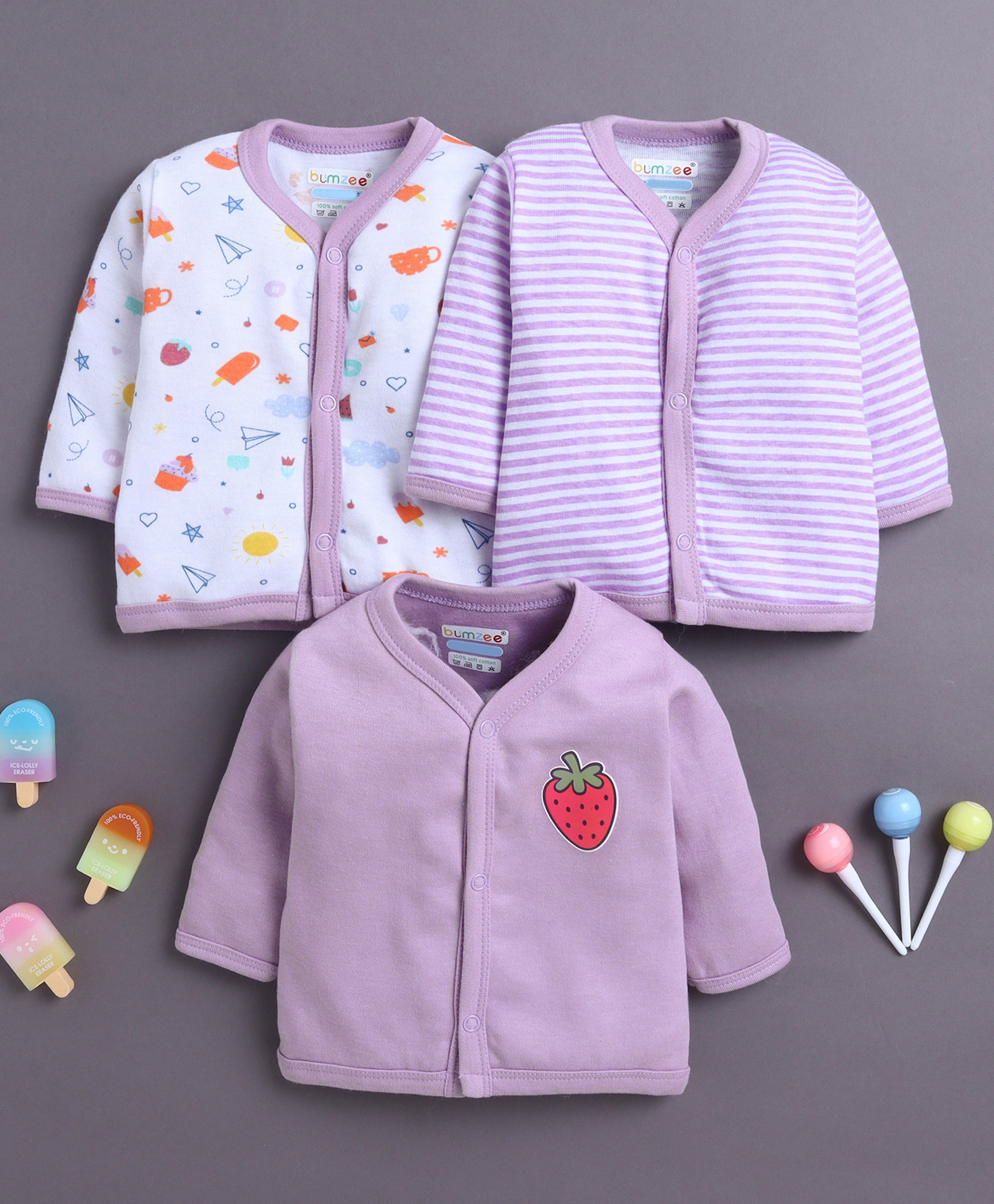 BUMZEE Cotton Knit Pack Of 3 Full Sleeves Striped & Ice Cream Printed Jablas - Lavender & White-picture-47