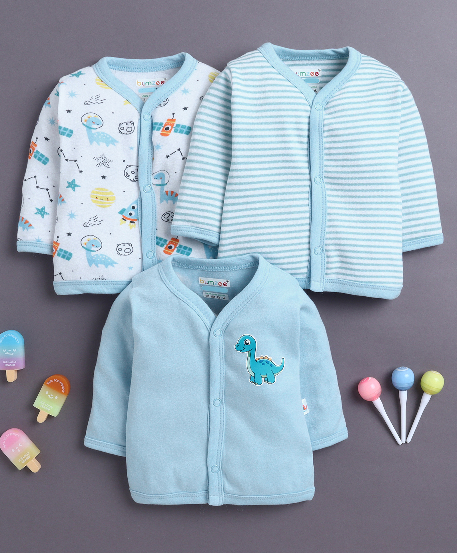 BUMZEE Cotton Knit Pack Of 3 Full Sleeves Striped & Space Themed Printed Jablas - Sky Blue & White-image-29