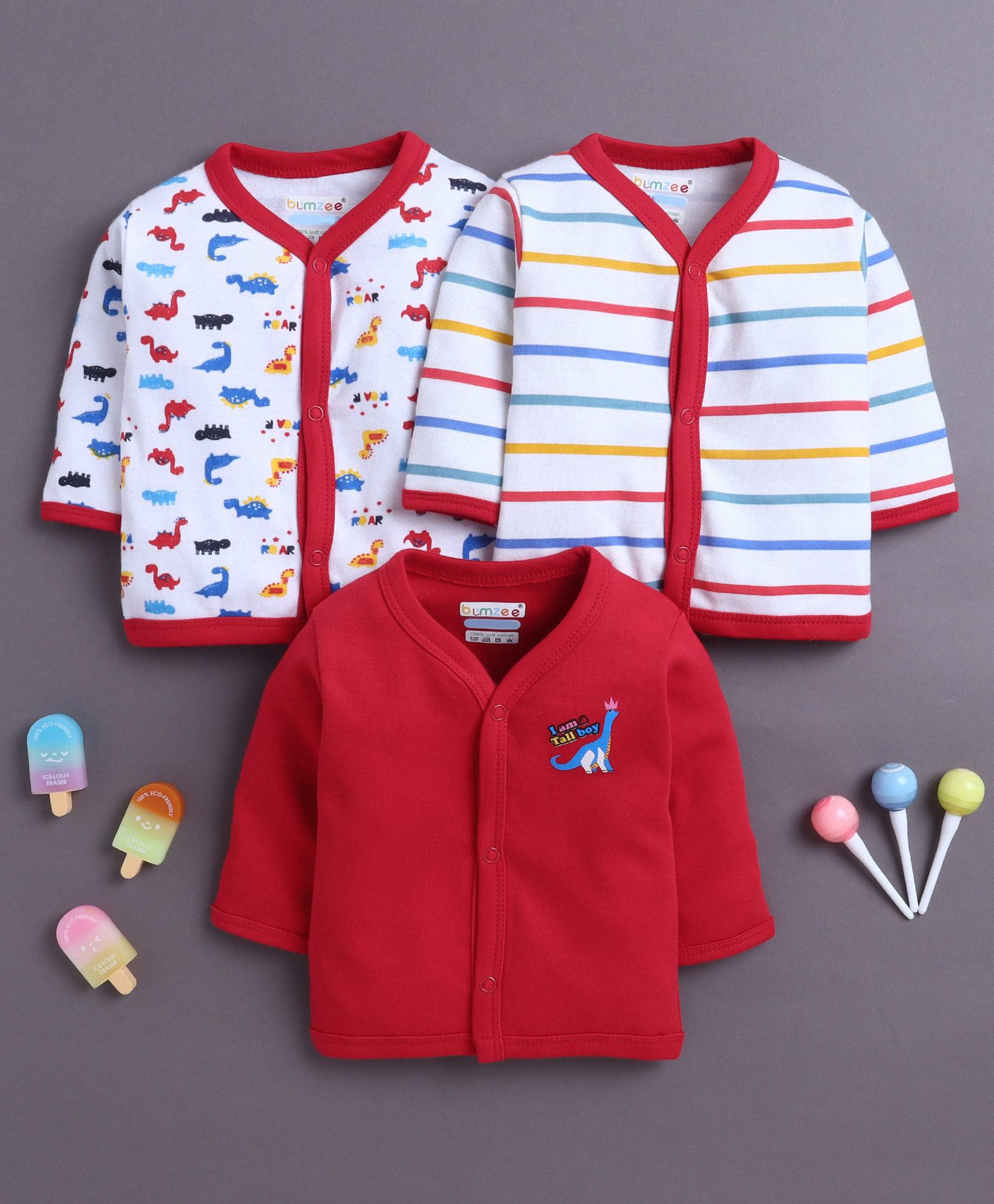 BUMZEE Cotton Knit Pack Of 3 Full Sleeves Striped & Dinosaurs Printed Jablas - Red & White-image-19