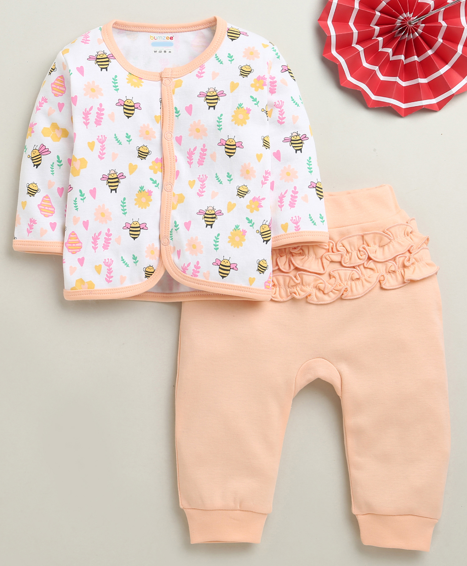 BUMZEE Cotton Knit Full Sleeves Bees & Floral Printed Night Suit Set - Peach & White-picture-20