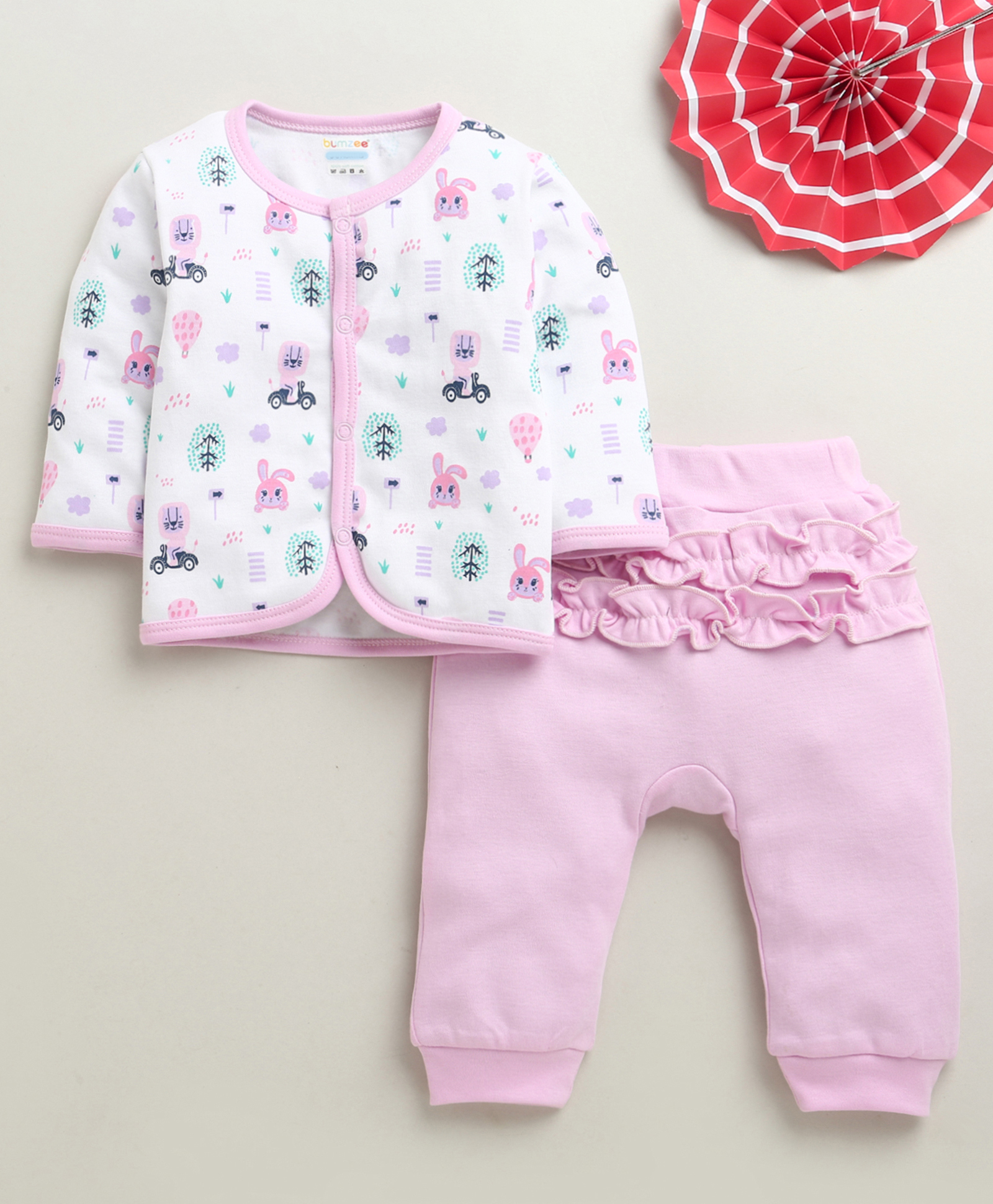 BUMZEE Cotton Knit Full Sleeves Bunnies Printed Night Suit Set - Lilac & White-image-5