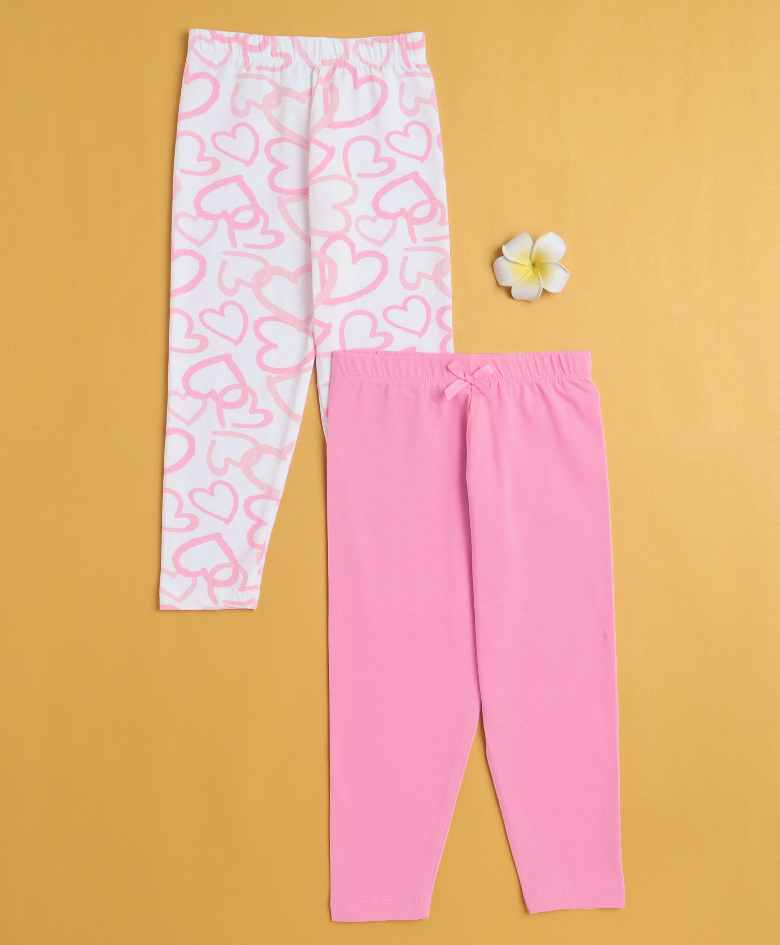 BUMZEE Cotton Knit Pack Of 2 Solid & Hearts Printed Leggings - Pink & White-image-28