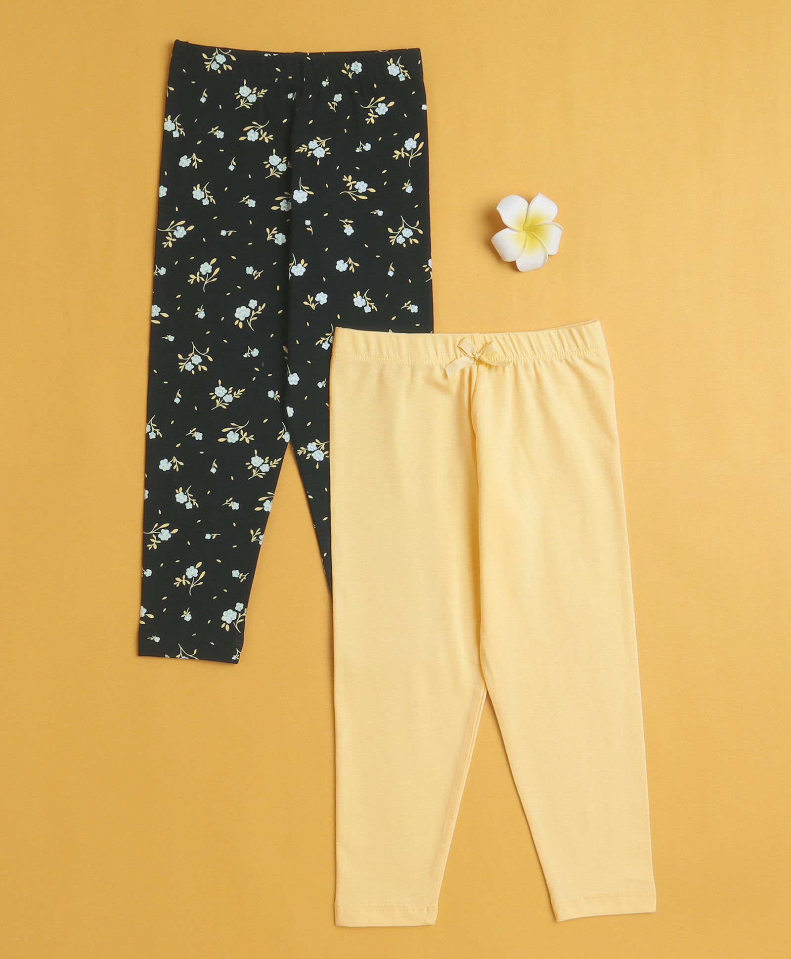 BUMZEE Cotton Knit Pack Of 2 Solid & Floral Printed Leggings - Yellow & Black-picture-10