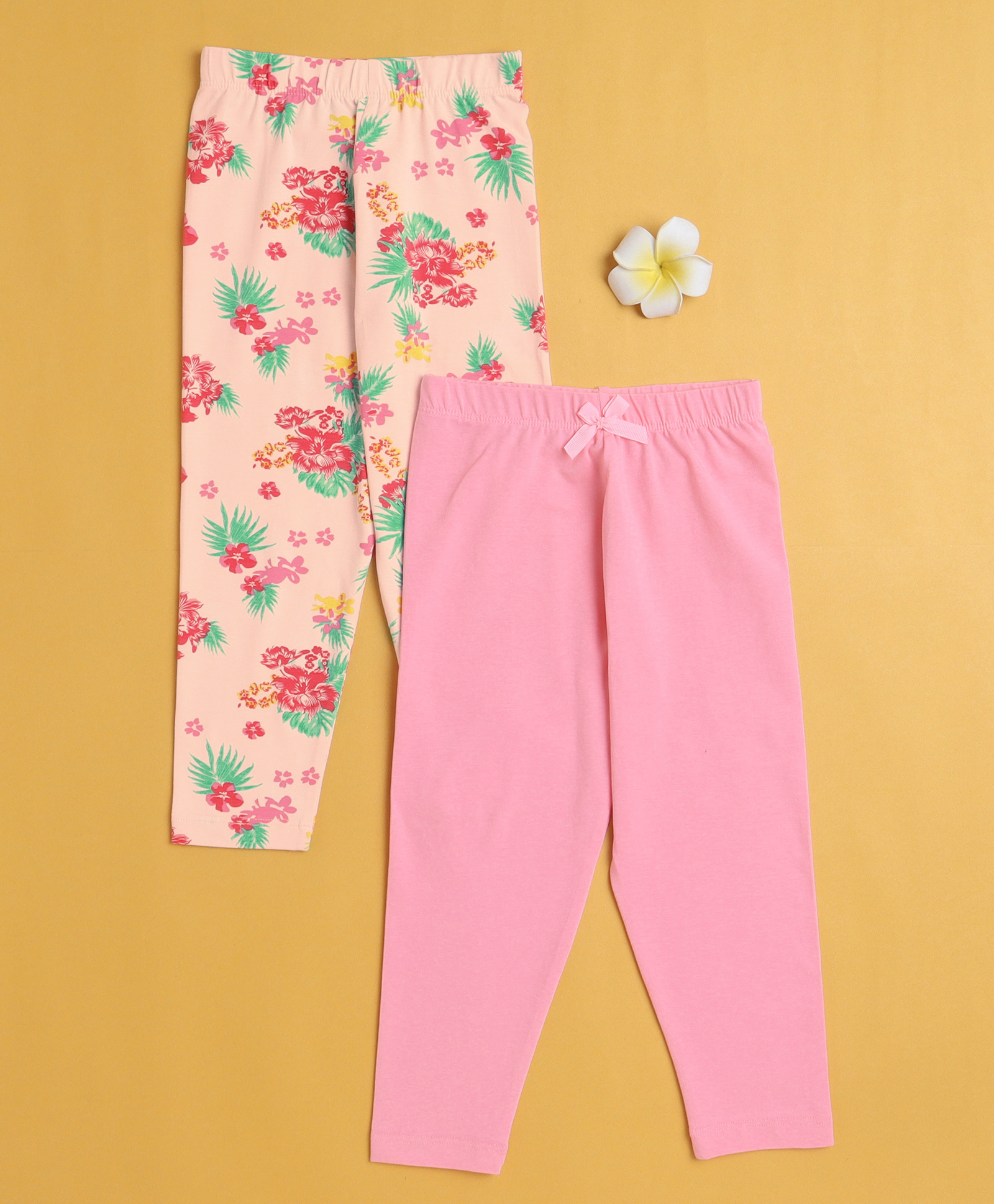 BUMZEE Cotton Knit Pack Of 2 Solid & Floral Printed Leggings - Pink & Peach-picture-22