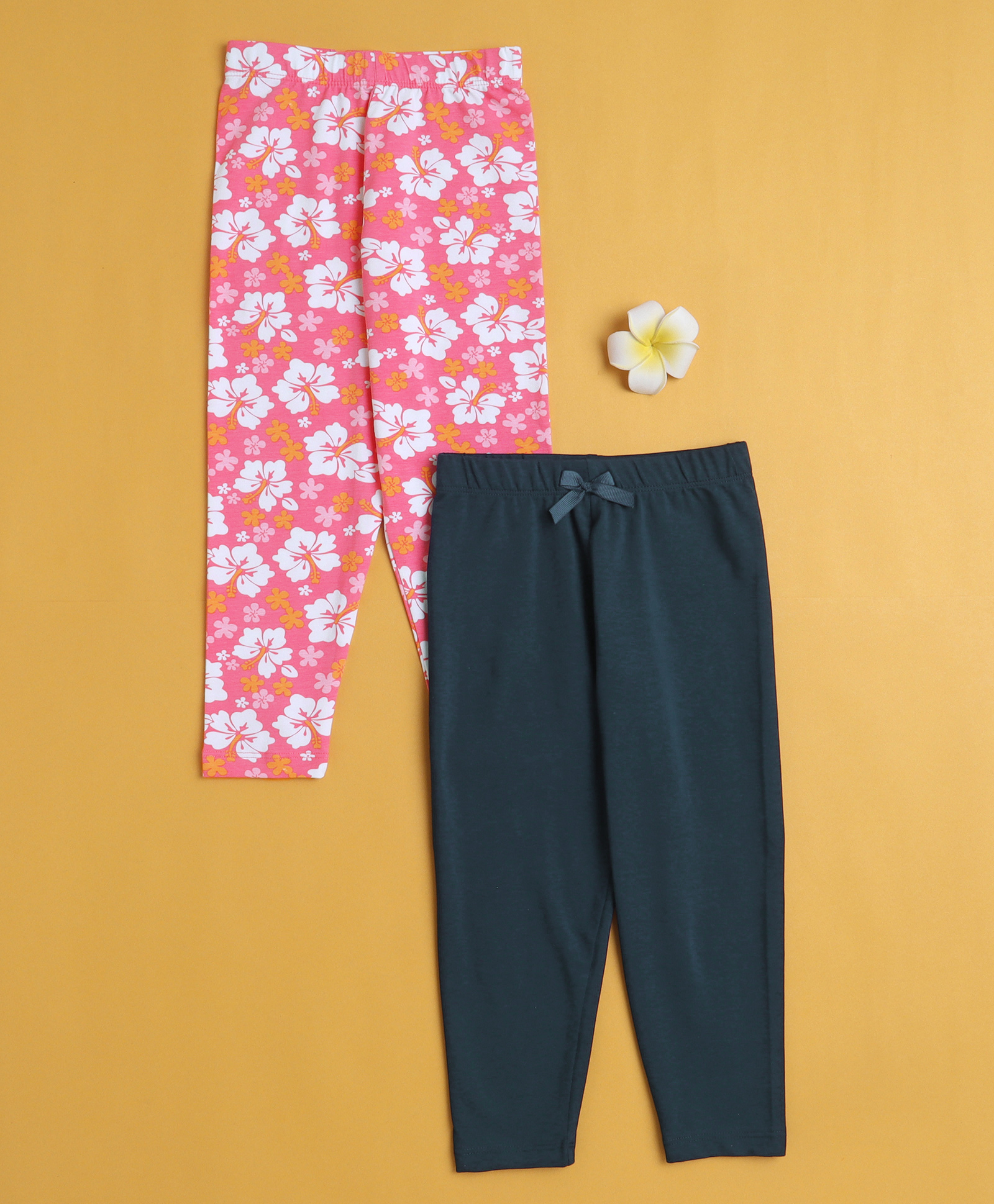 BUMZEE Cotton Knit Pack Of 2 Solid & Floral Printed Leggings - Navy & Pink-picture-15