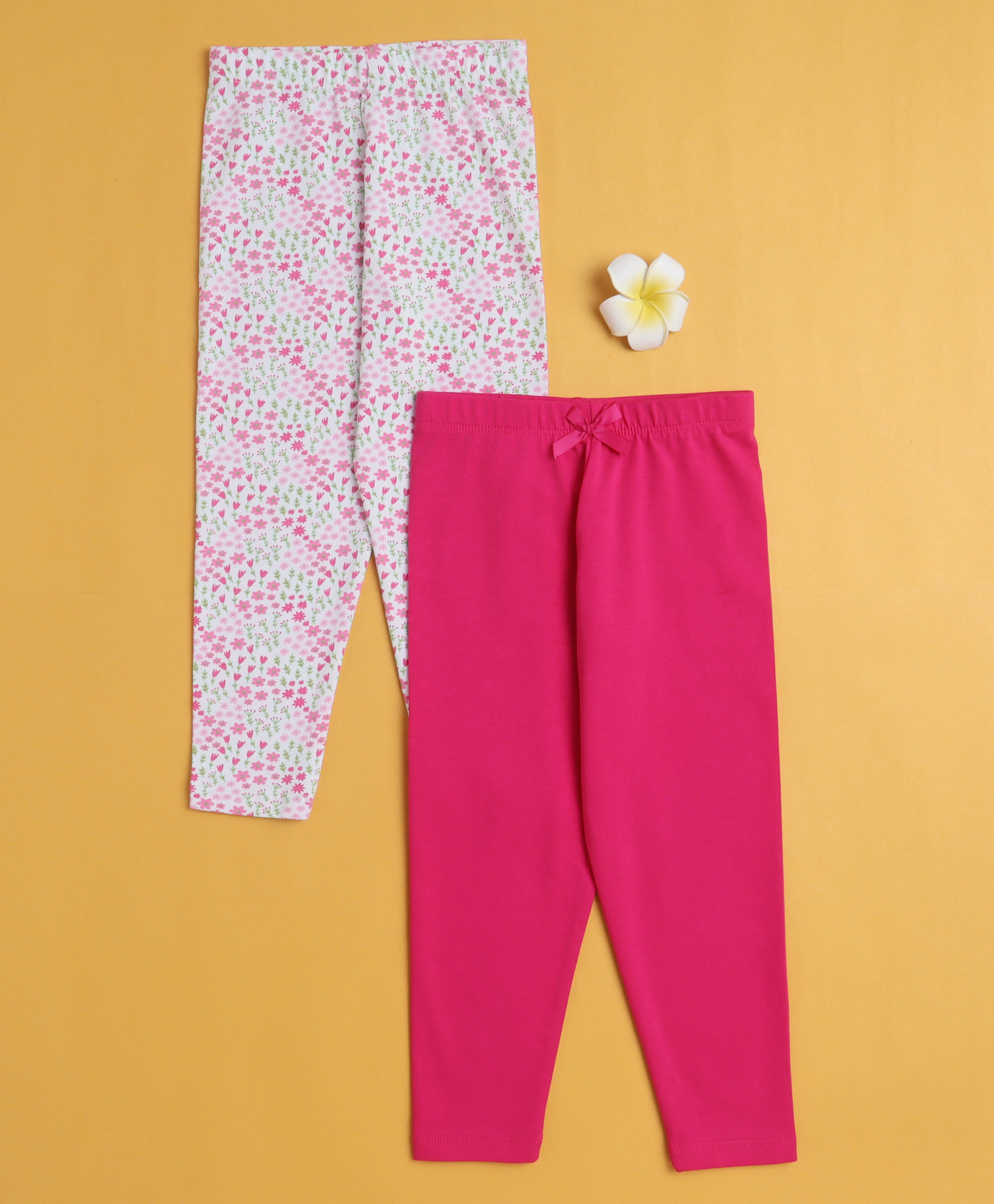 BUMZEE Cotton Knit Pack Of 2 Solid & Floral Printed Leggings - Pink & White-image-43