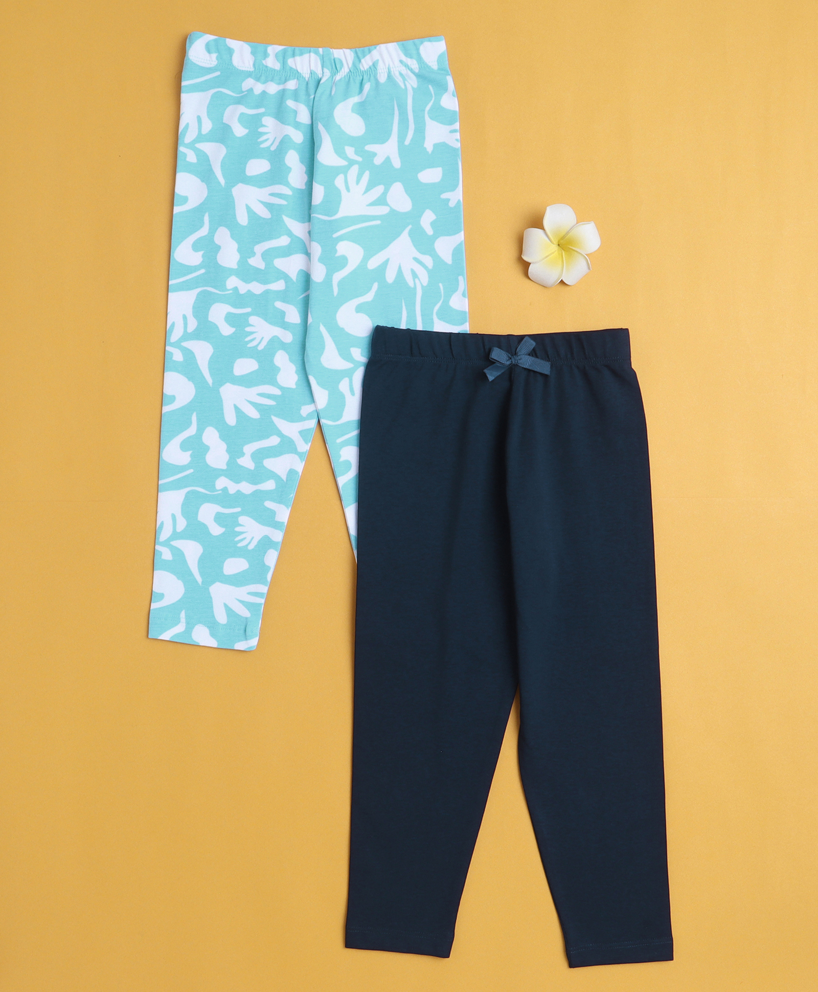 BUMZEE Cotton Knit Pack Of 2 Solid & Abstract Printed Leggings - Navy & Sky Blue-image-28
