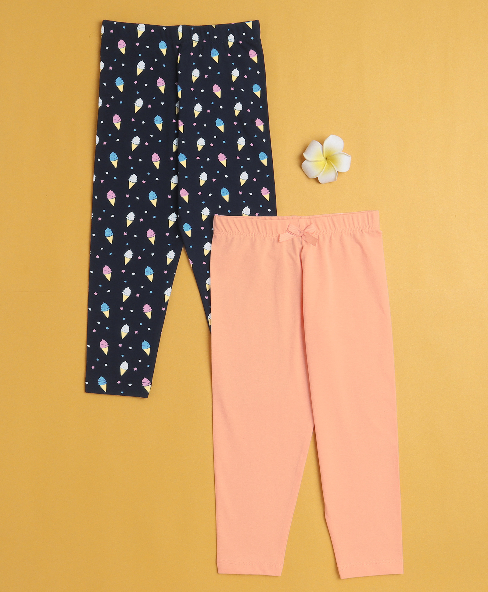 BUMZEE Cotton Knit Pack Of 2 Solid & Ice Cream Printed Leggings- Peach & Navy-image-19