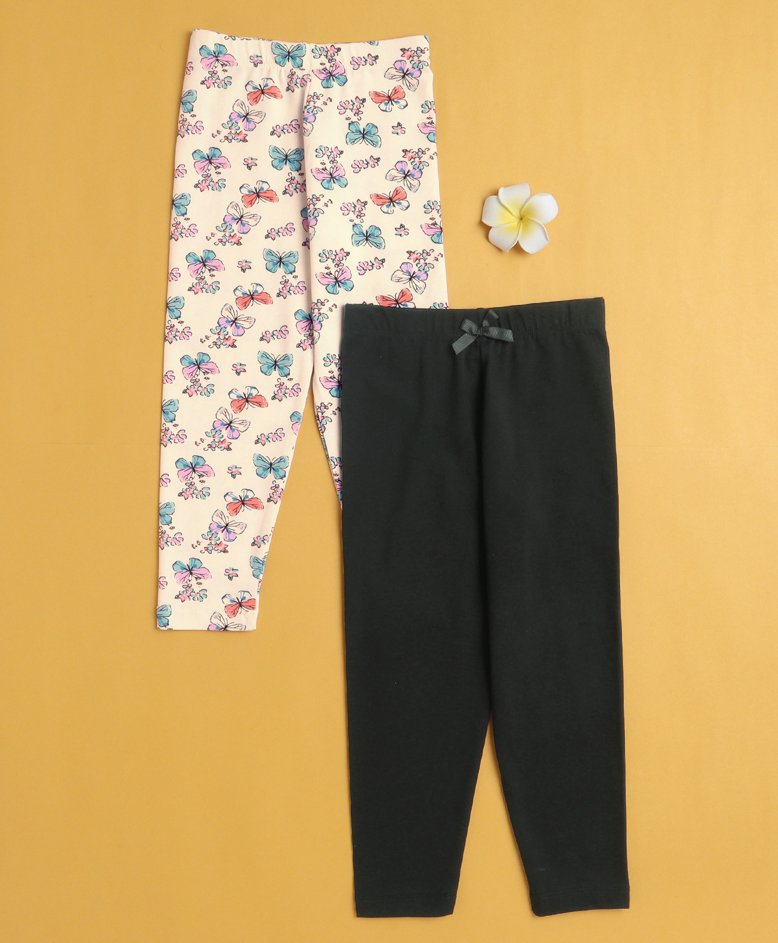 BUMZEE Cotton Knit Pack Of 2 Solid & Butterflies Printed Leggings - Black & Cream-image-30