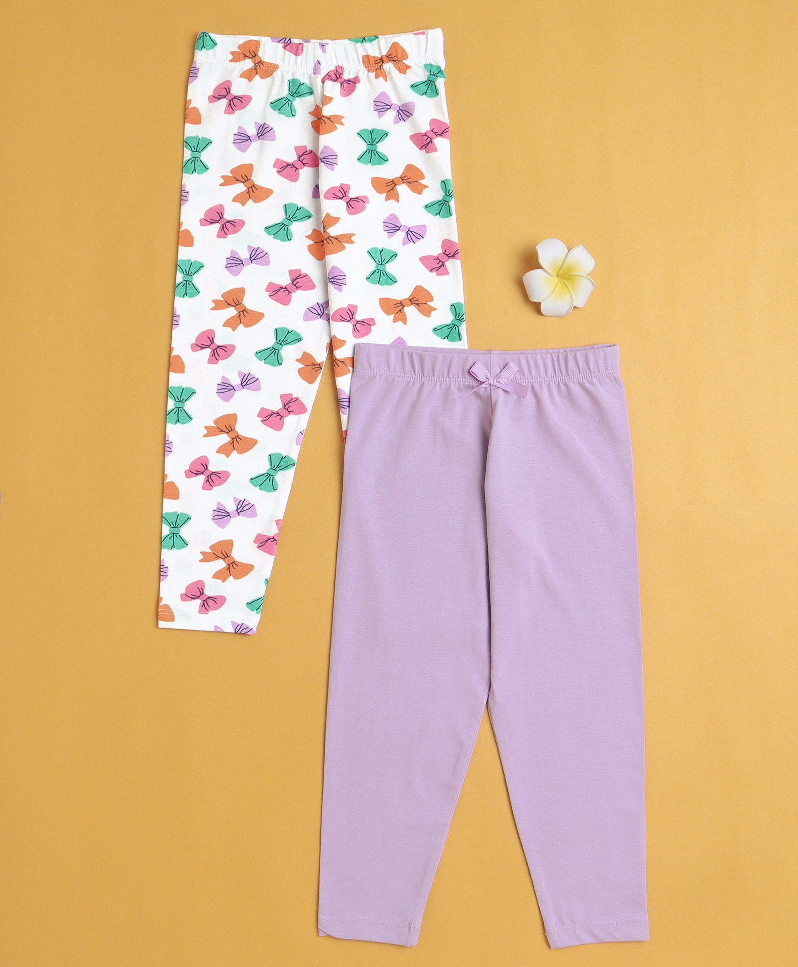 BUMZEE Cotton Knit Pack Of 2 Solid & Bows Printed Leggings - Lavender & White-picture-22