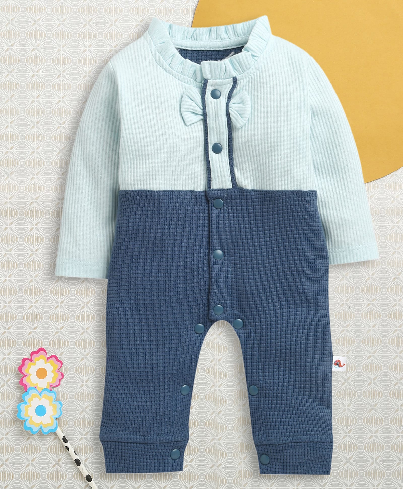 BUMZEE Cotton Knit Full Sleeves Colour Blocked Solid Bow Applique Detailed Romper - Navy Blue-image-7