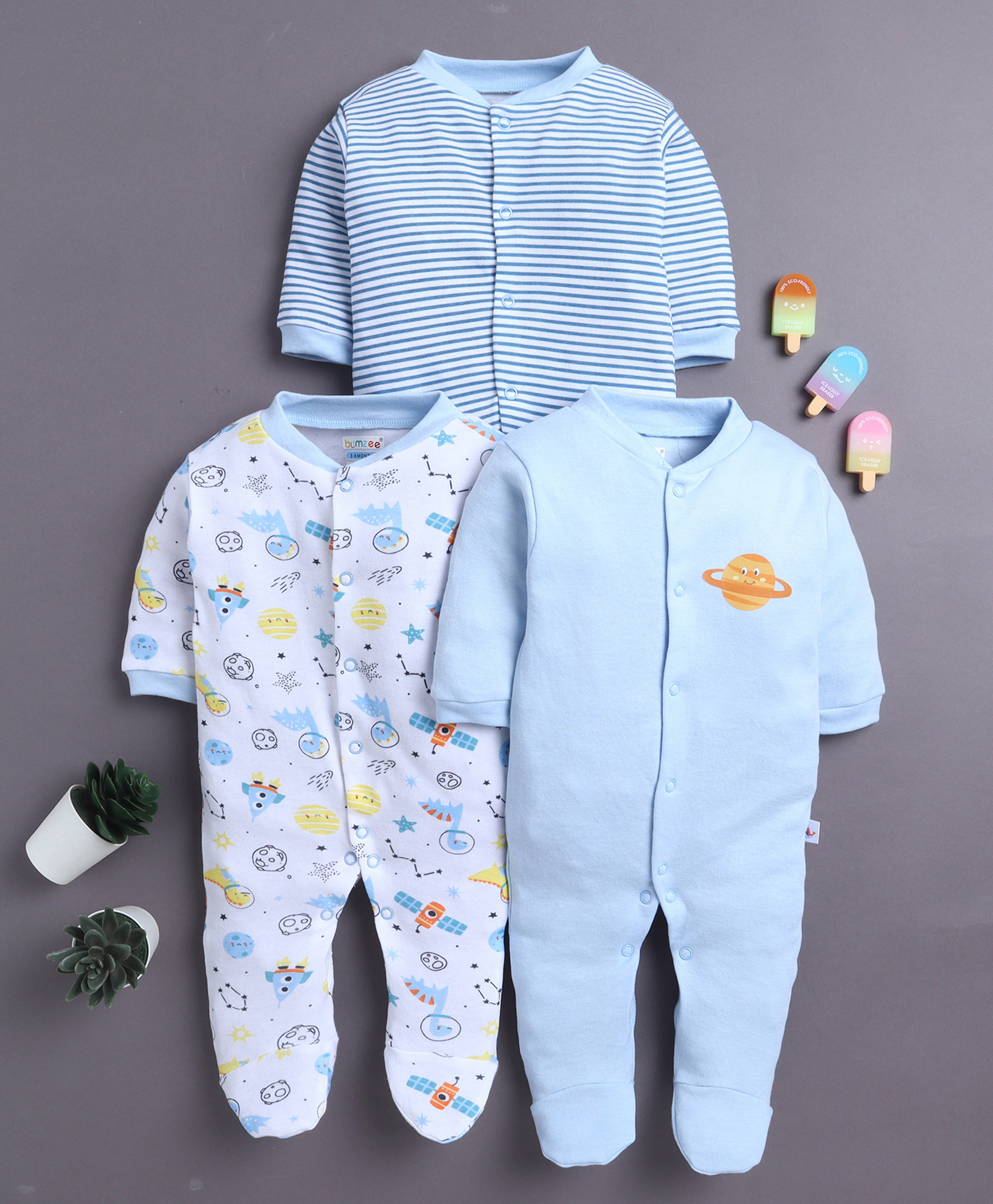 BUMZEE Cotton Knit Pack Of 3 Full Sleeves Space Printed Sleepsuit - Sky Blue & White-image-3