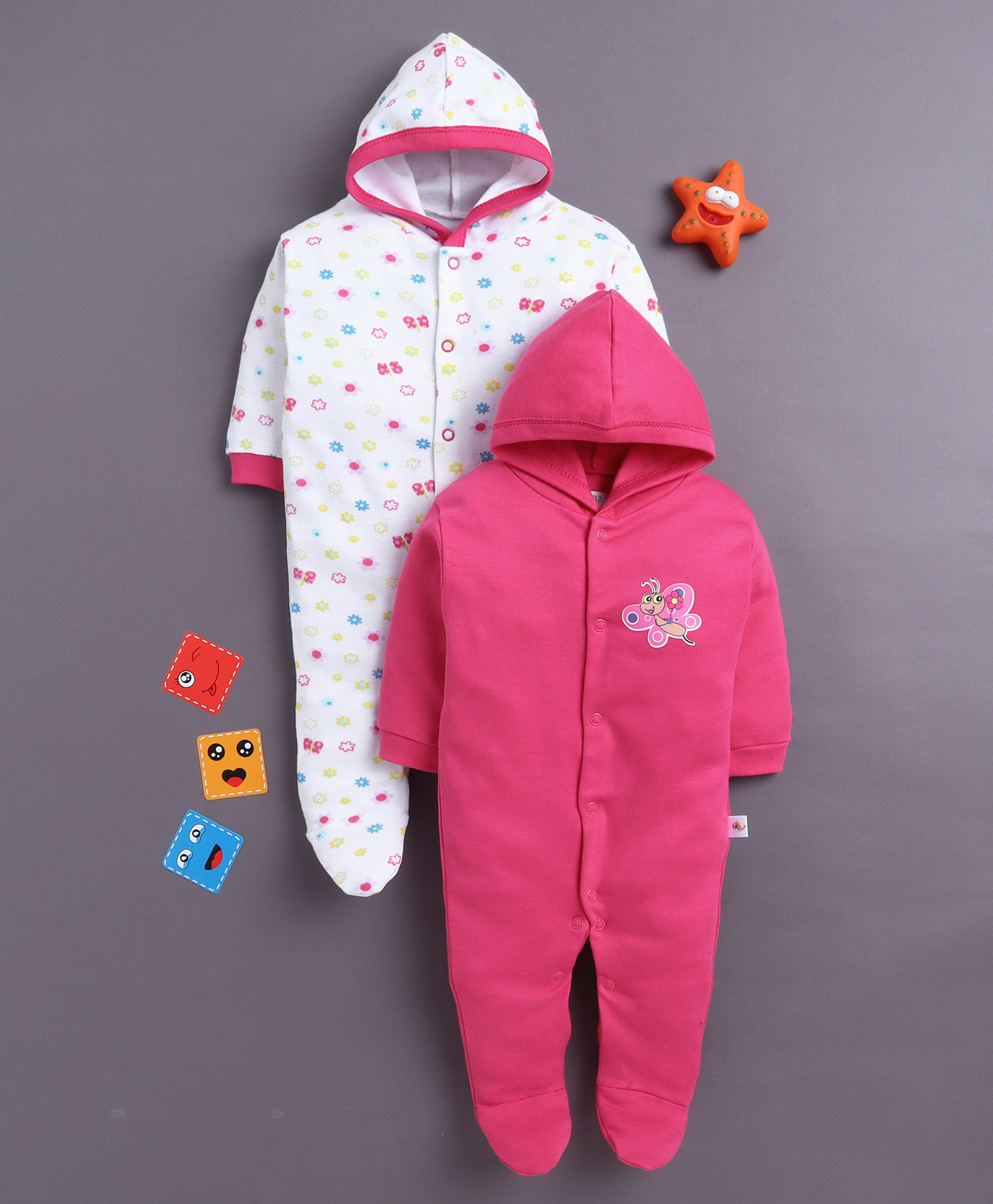 BUMZEE Cotton Knit Pack Of 2 Full Sleeves Flowers Printed Hooded Sleepsuit - Pink & White-picture-23