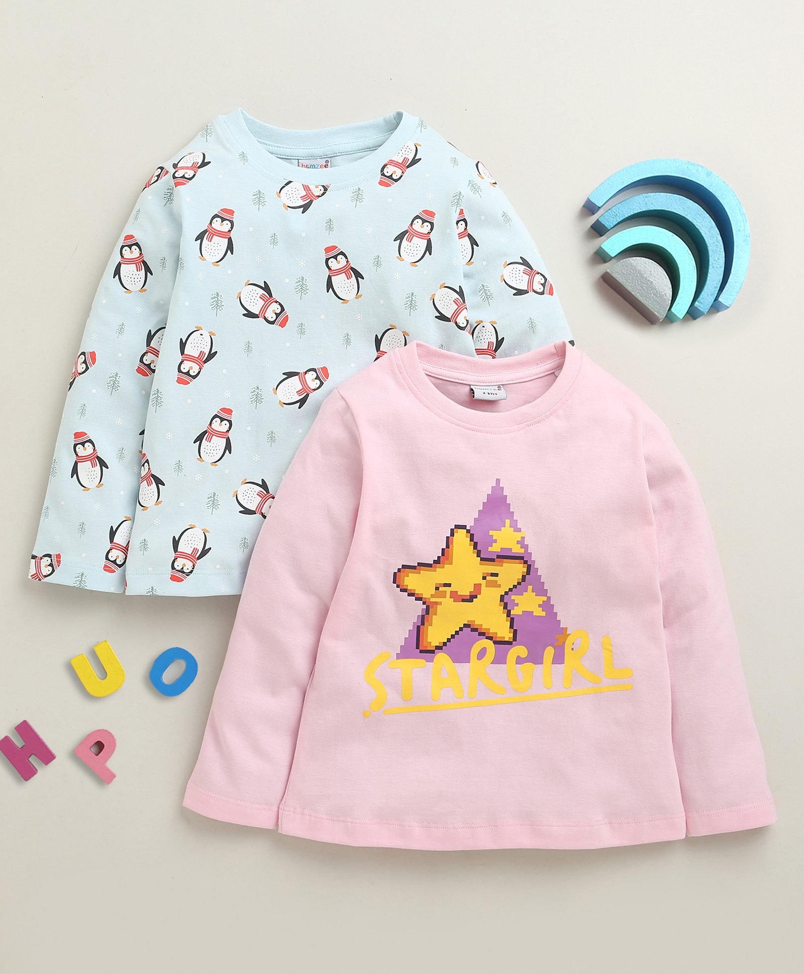 BUMZEE Cotton Knit Pack Of 2 Full Sleeves Stars & Penguins Printed Tees - Baby Pink & Sky Blue-picture-16