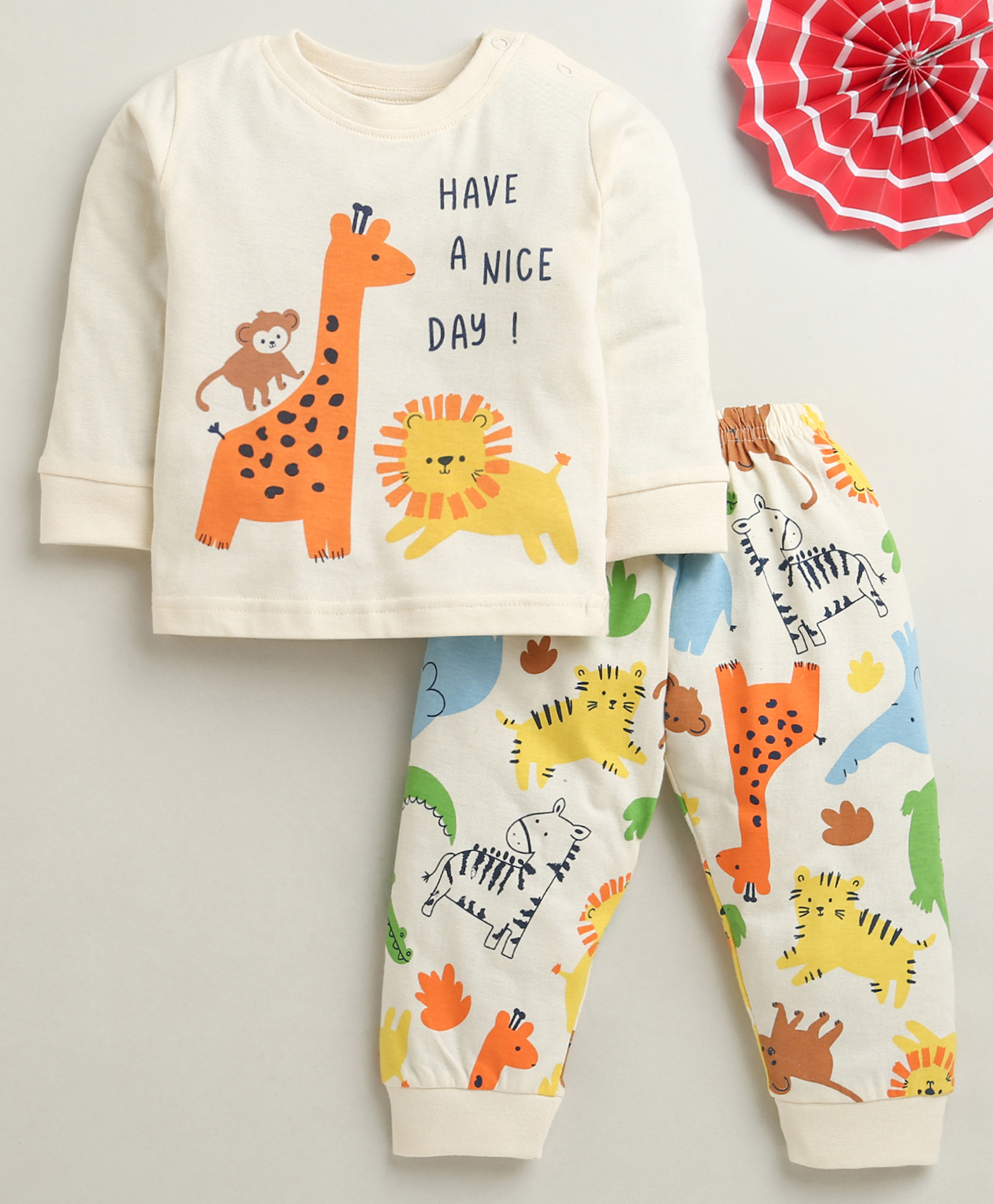 BUMZEE Cotton Knit Full Sleeves Have A Nice Day Text Printed Night Suit Set - Beige-image-15