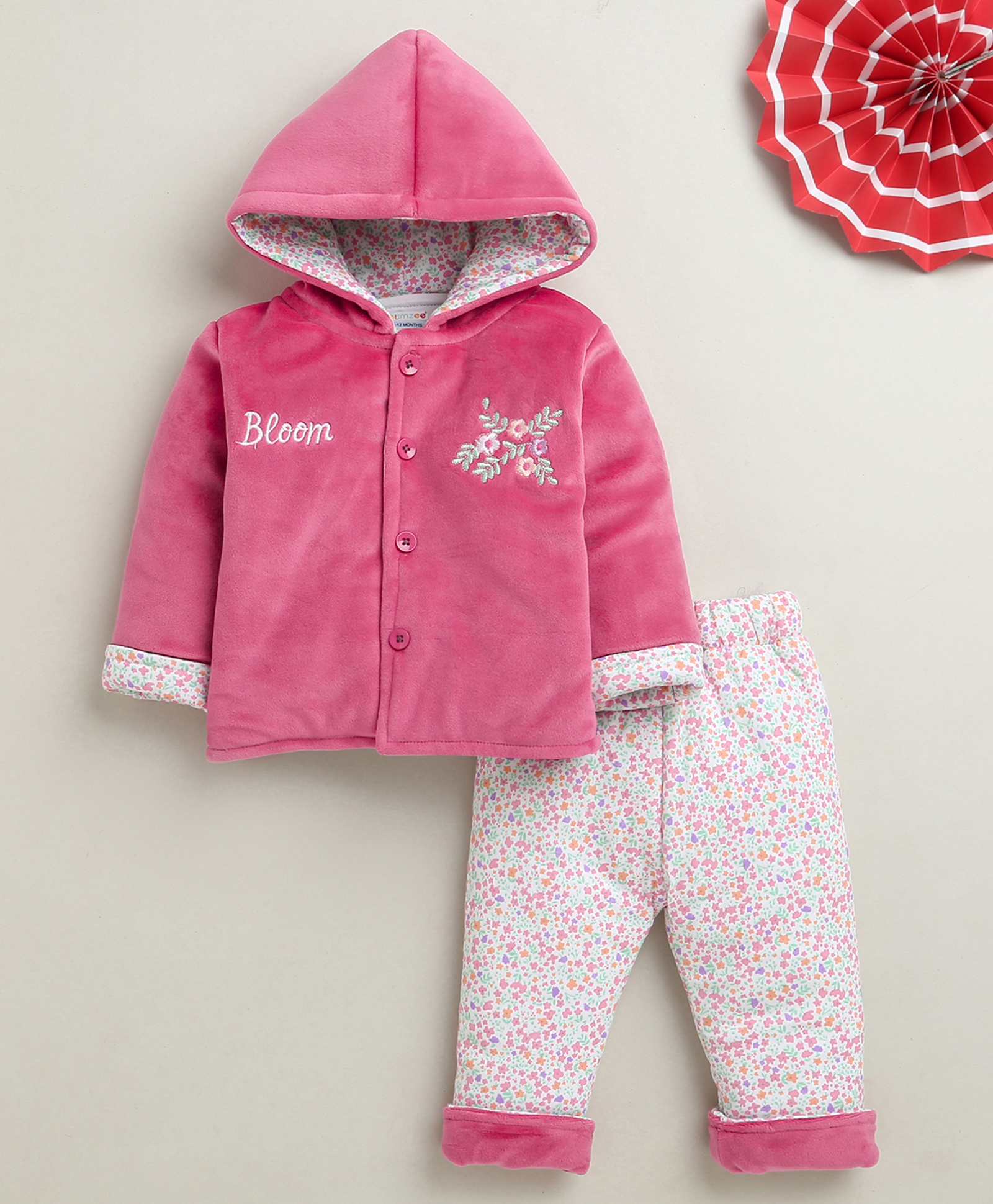 BUMZEE Cotton Blend Knit Full Sleeves Flowers Embroidery Hooded Top & Pants Set - Pink & White-image-27