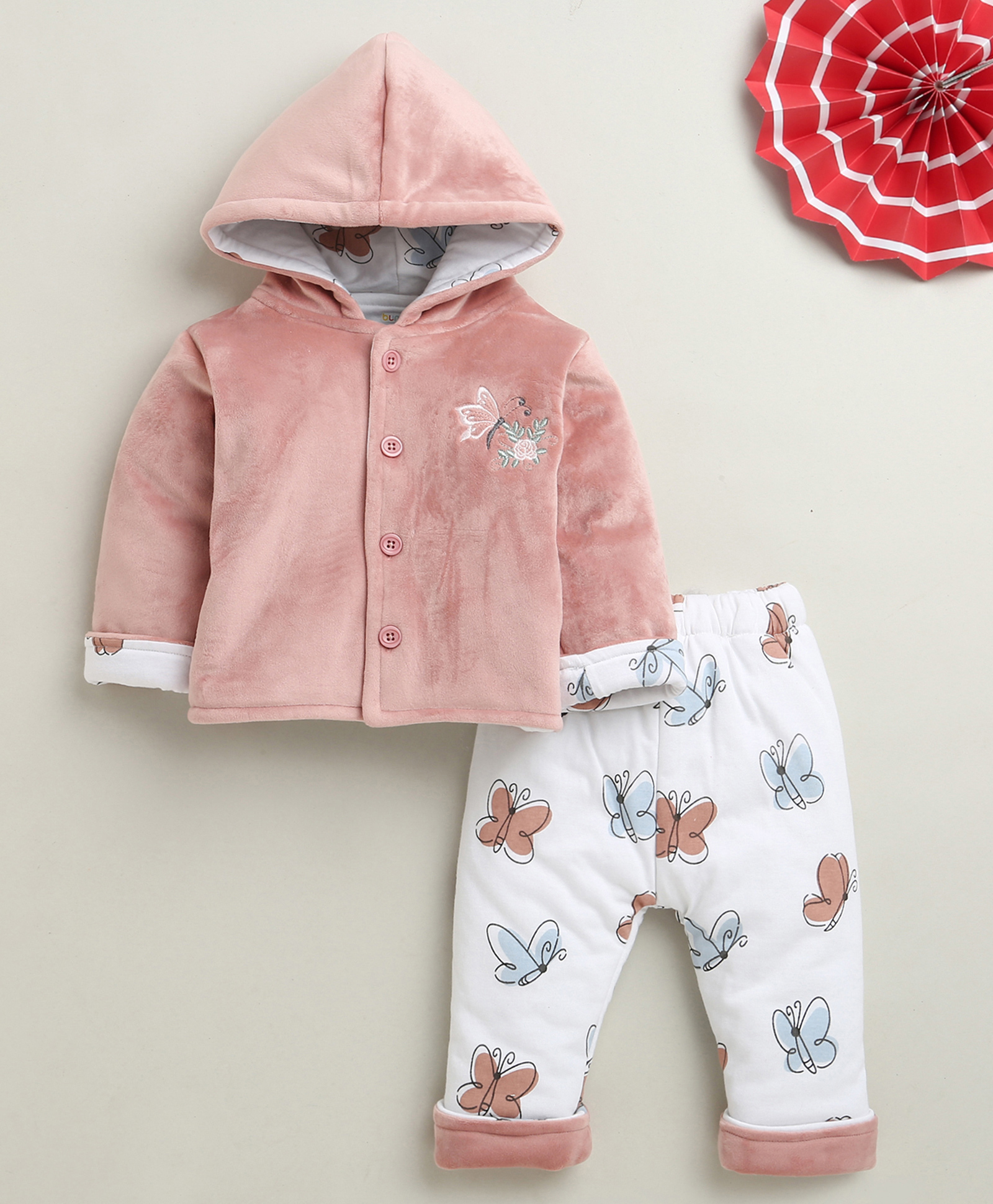 BUMZEE Cotton Blend Knit Full Sleeves Butterfly Embroidery Hooded Top & Pants Set - Peach & White-picture-40