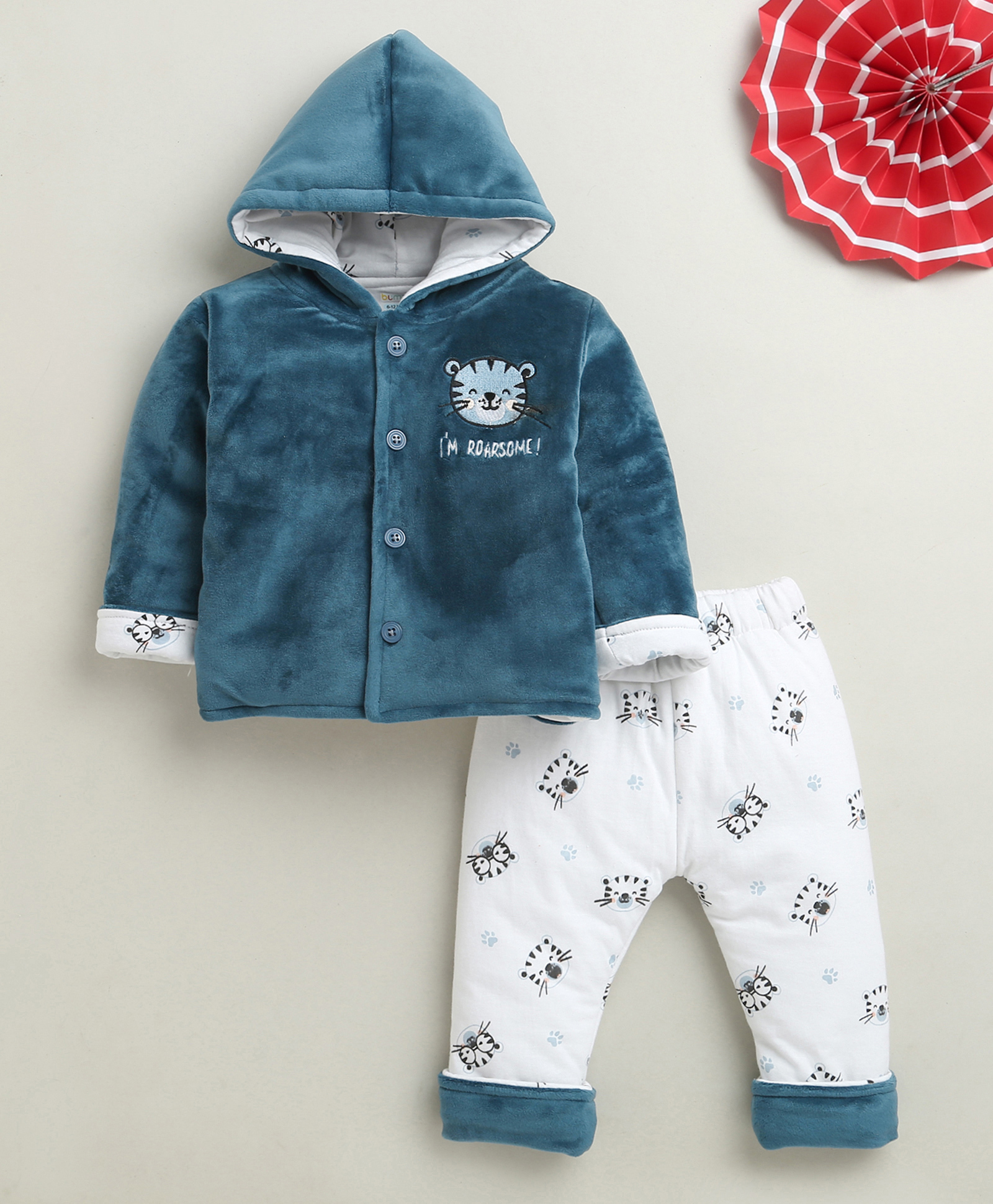 BUMZEE Cotton Blend Knit Full Sleeves Tiger Embroidered Hooded Shirt & Pants Set - Navy & White-image-44
