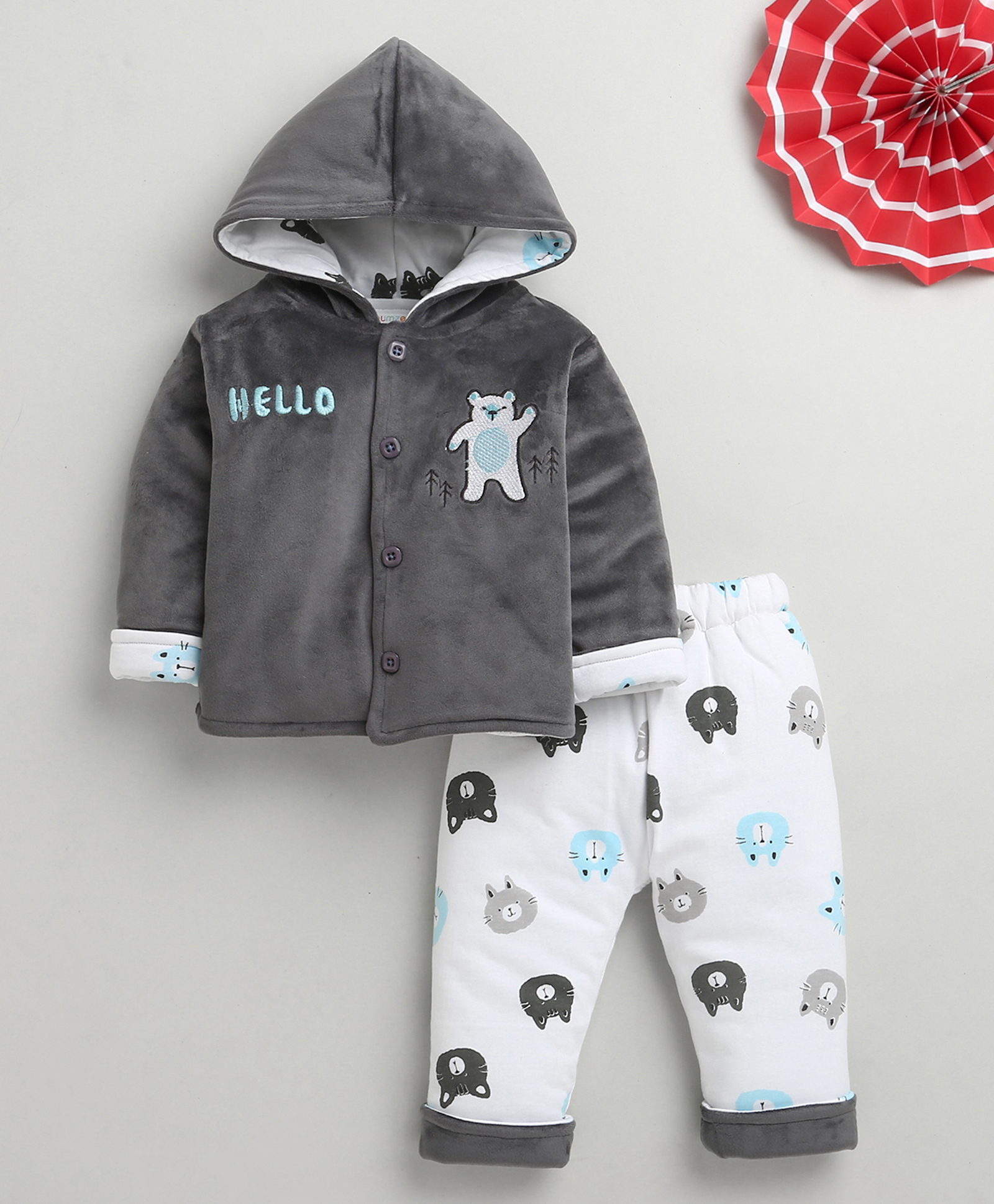 BUMZEE Cotton Blend Knit Full Sleeves Bear Embroidered Hooded Shirt & Pants Set - Grey & White-image-32