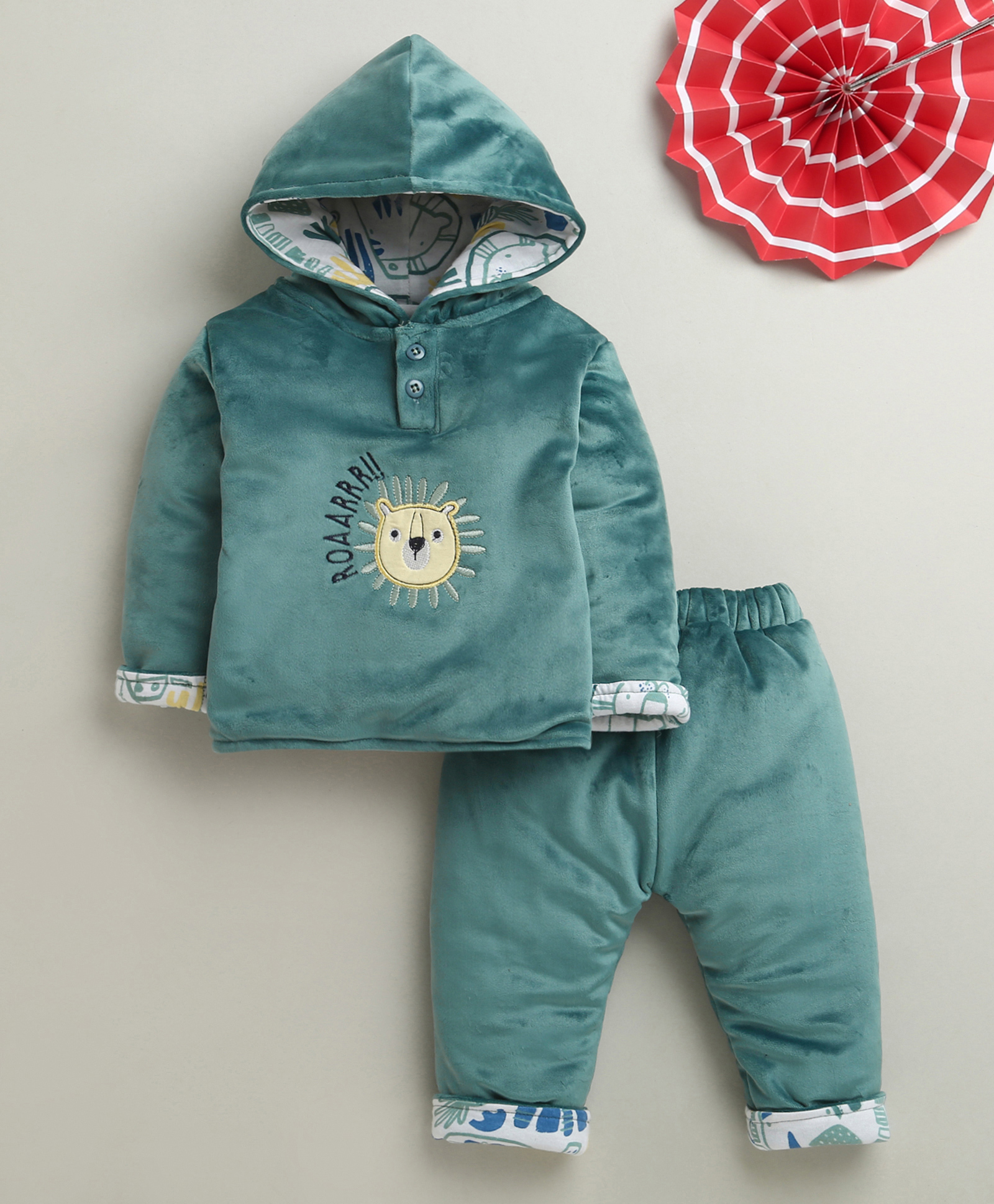 BUMZEE Cotton Blend Knit Full Sleeves Tiger Embroidered Hooded Shirt & Pants Set - Teal Green-image-16