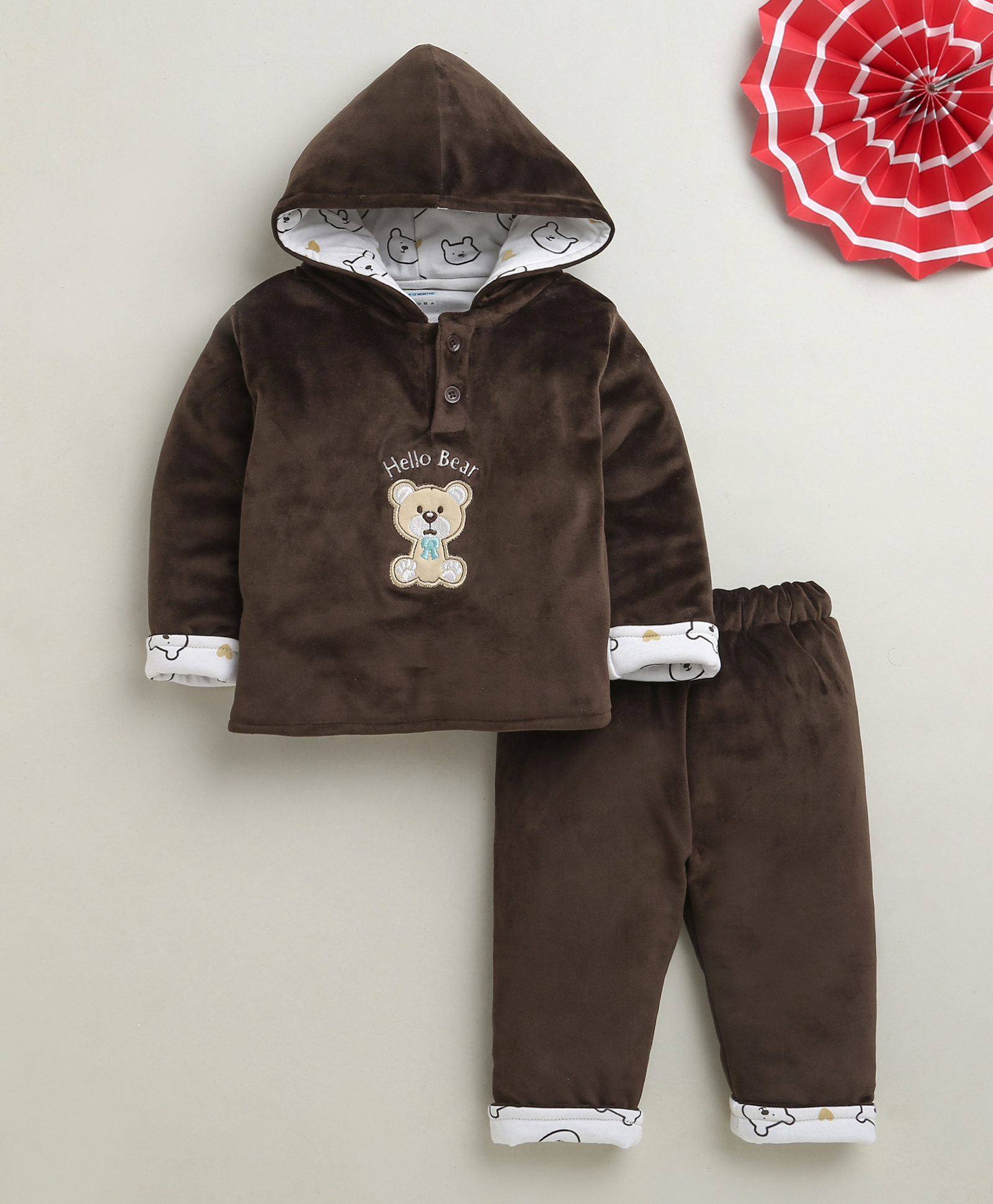 BUMZEE Cotton Blend Knit Full Sleeves Bear Embroidered Hooded Shirt & Pants Set - Brown-picture-27