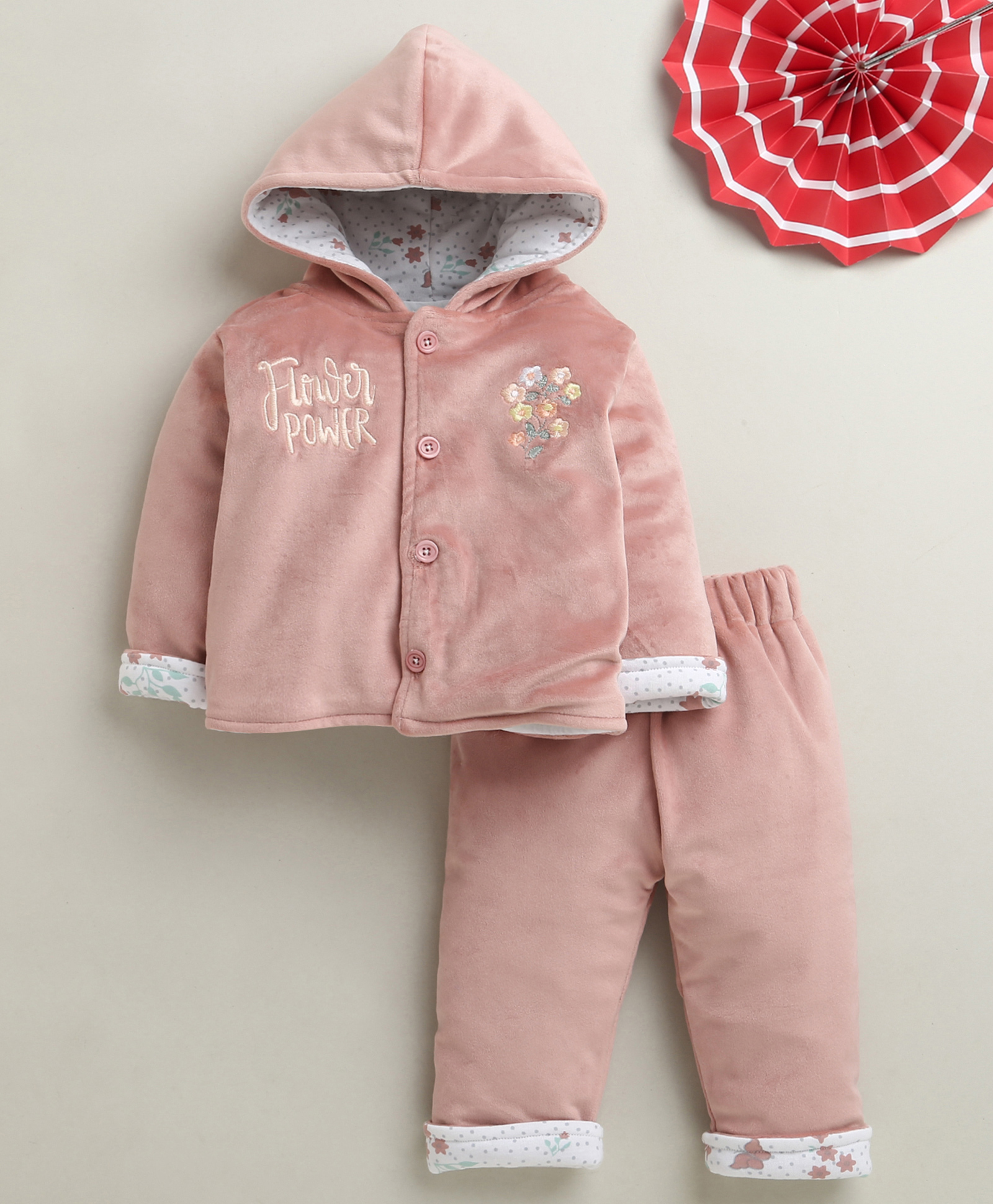 BUMZEE Cotton Blend Knit Full Sleeves Floral Embroidered Hooded Shirt & Pants Set - Peach-picture-25