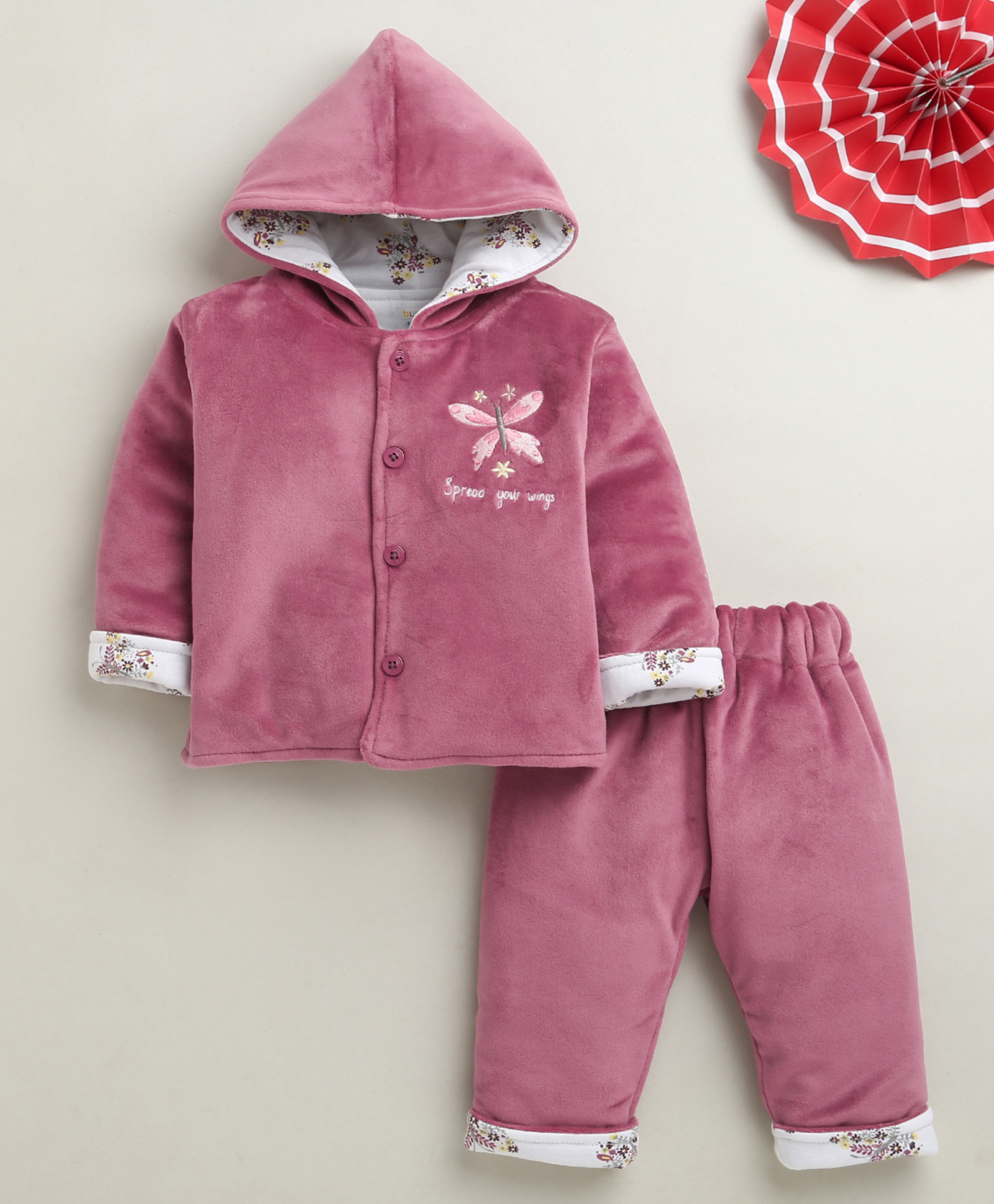 BUMZEE Cotton Blend Knit Full Sleeves Butterfly Embroidered Hooded Shirt & Pants Set - Mauve-image-25